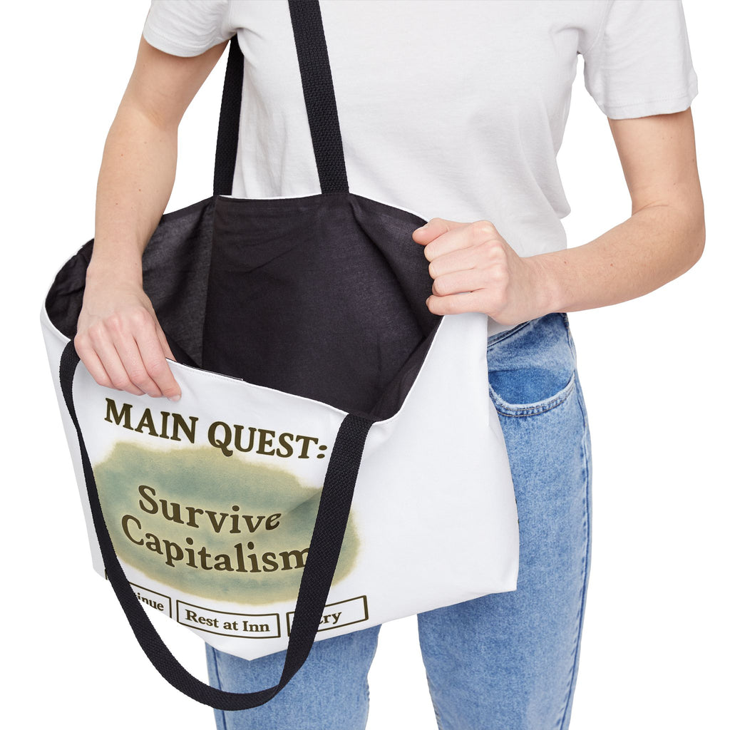 Main Quest: Survive Capitalism Tote – Funny Gamer Travel Bag | Press Start to Cope Canvas Tote