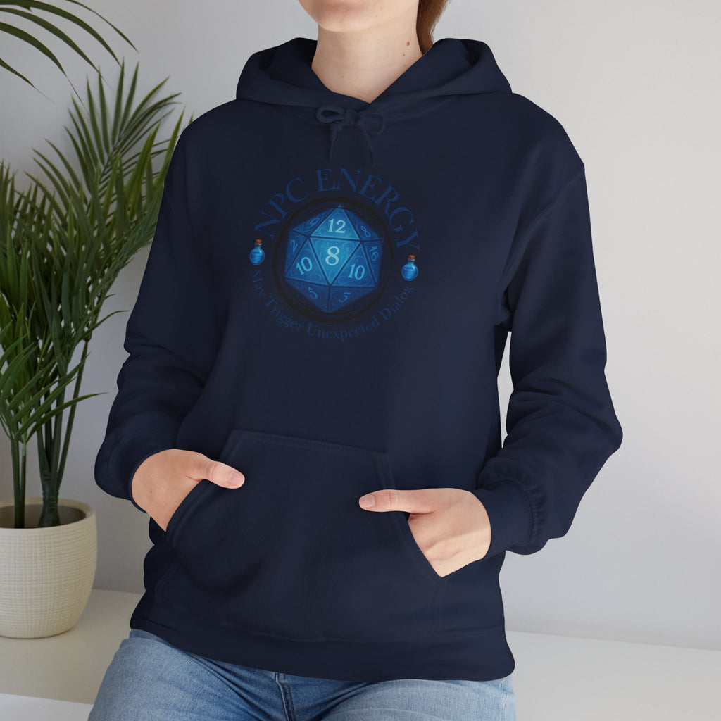 Funny Gamer Hoodie – NPC Energy Sweatshirt with D20 Dice & Dialogue Trigger Warning