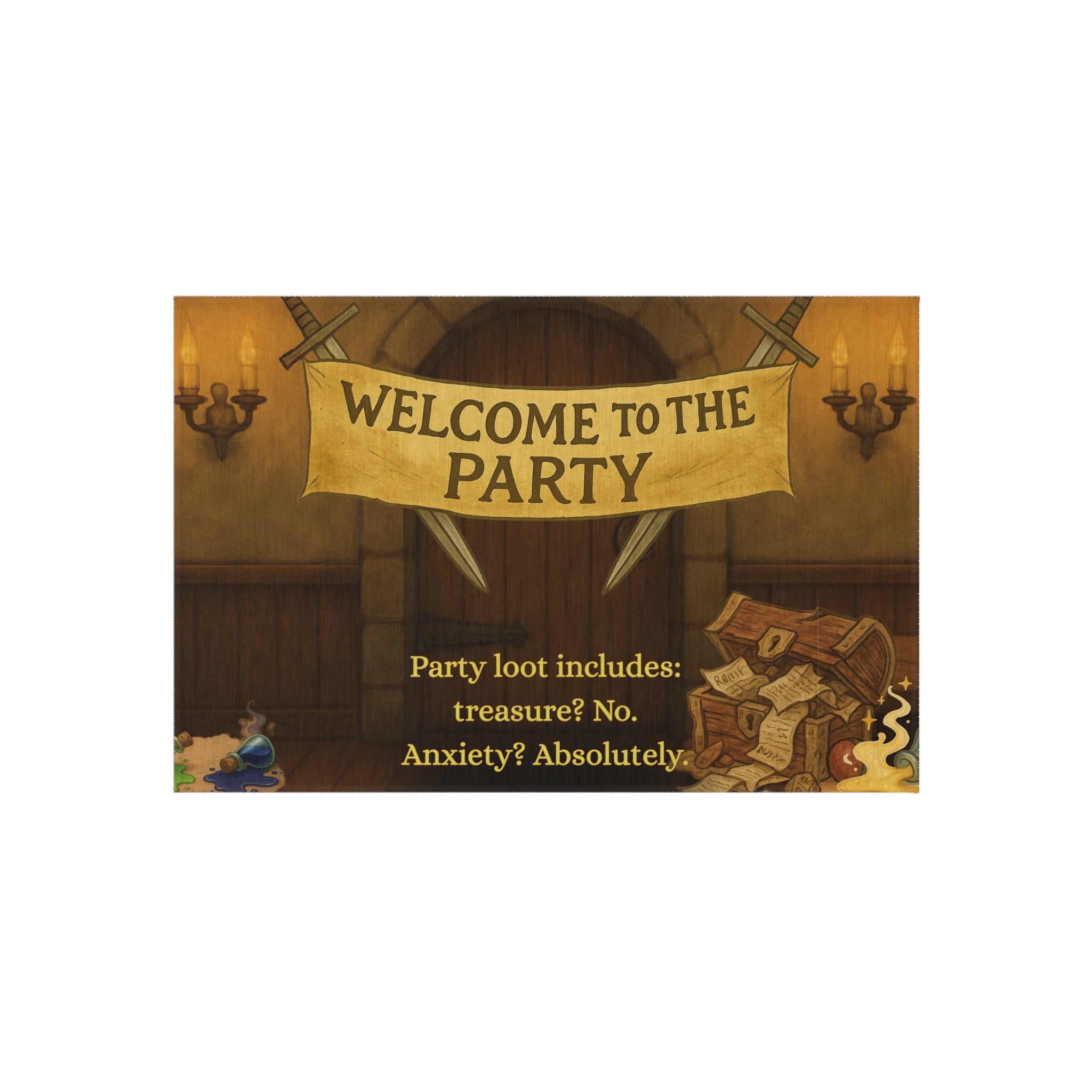 Funny Doormat – 'Welcome to the Party (Anxiety Loot)' RPG Rug for Nerdy Entrances