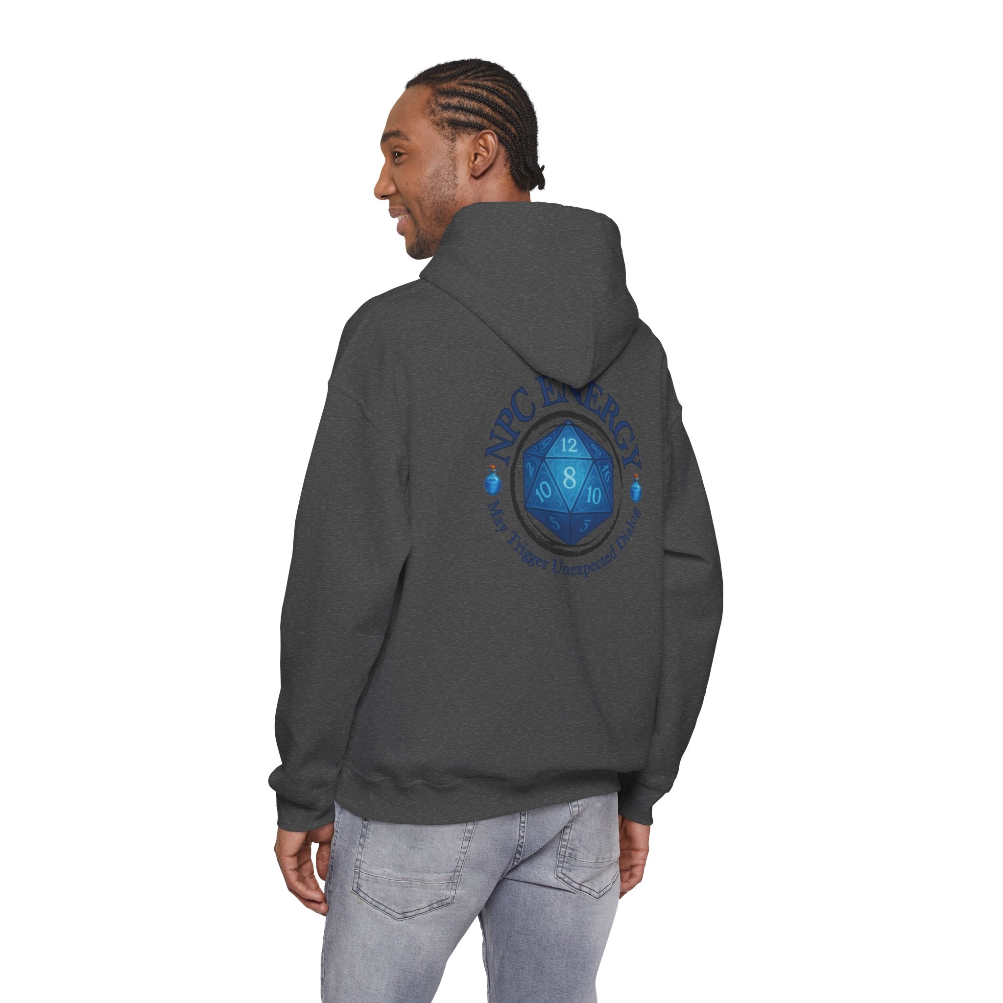 Funny Gamer Hoodie – NPC Energy Sweatshirt with D20 Dice & Dialogue Trigger Warning