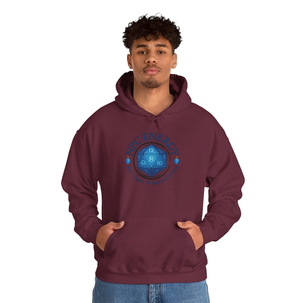 Funny Gamer Hoodie – NPC Energy Sweatshirt with D20 Dice & Dialogue Trigger Warning
