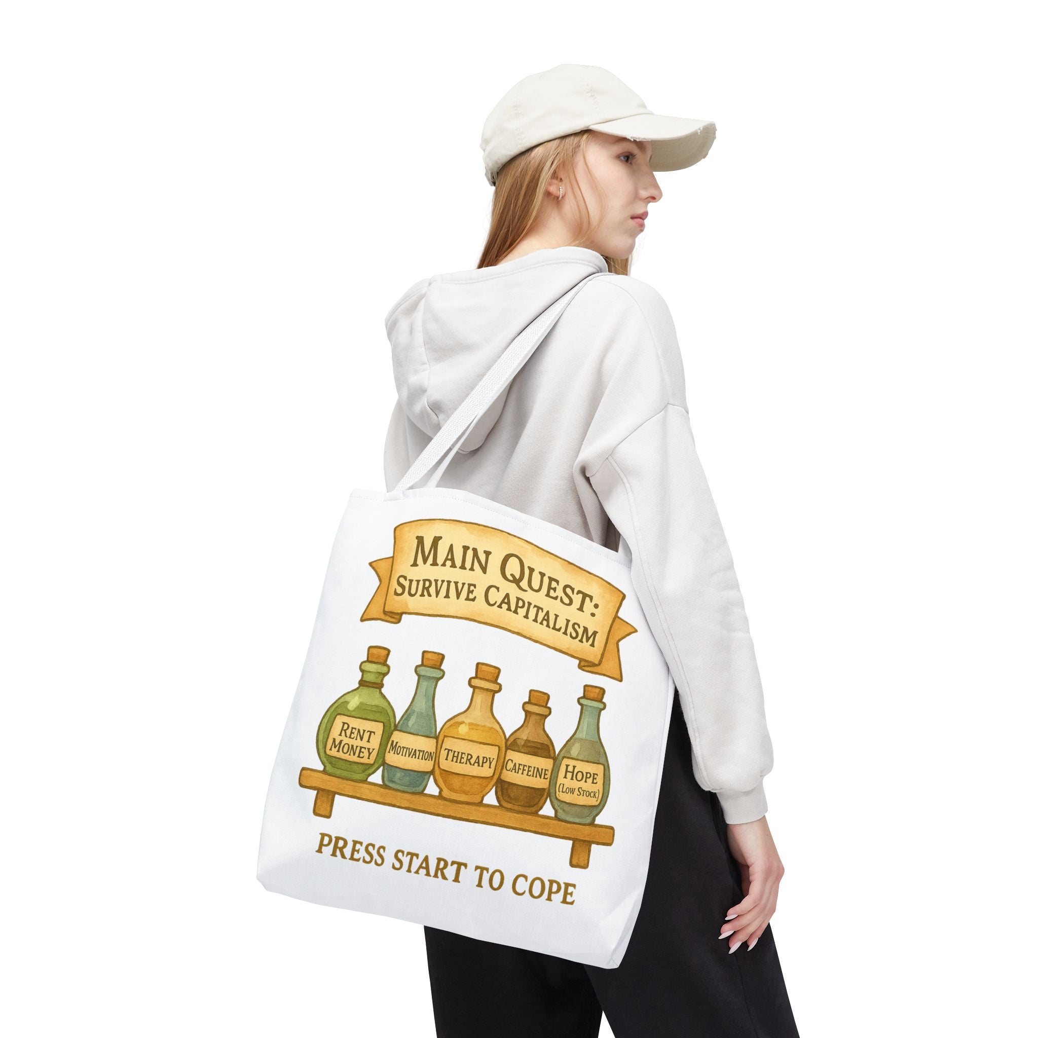 Main Quest Tote Bag – Survive Capitalism | Funny Gamer Gift & Eco-Friendly Shopping Tote
