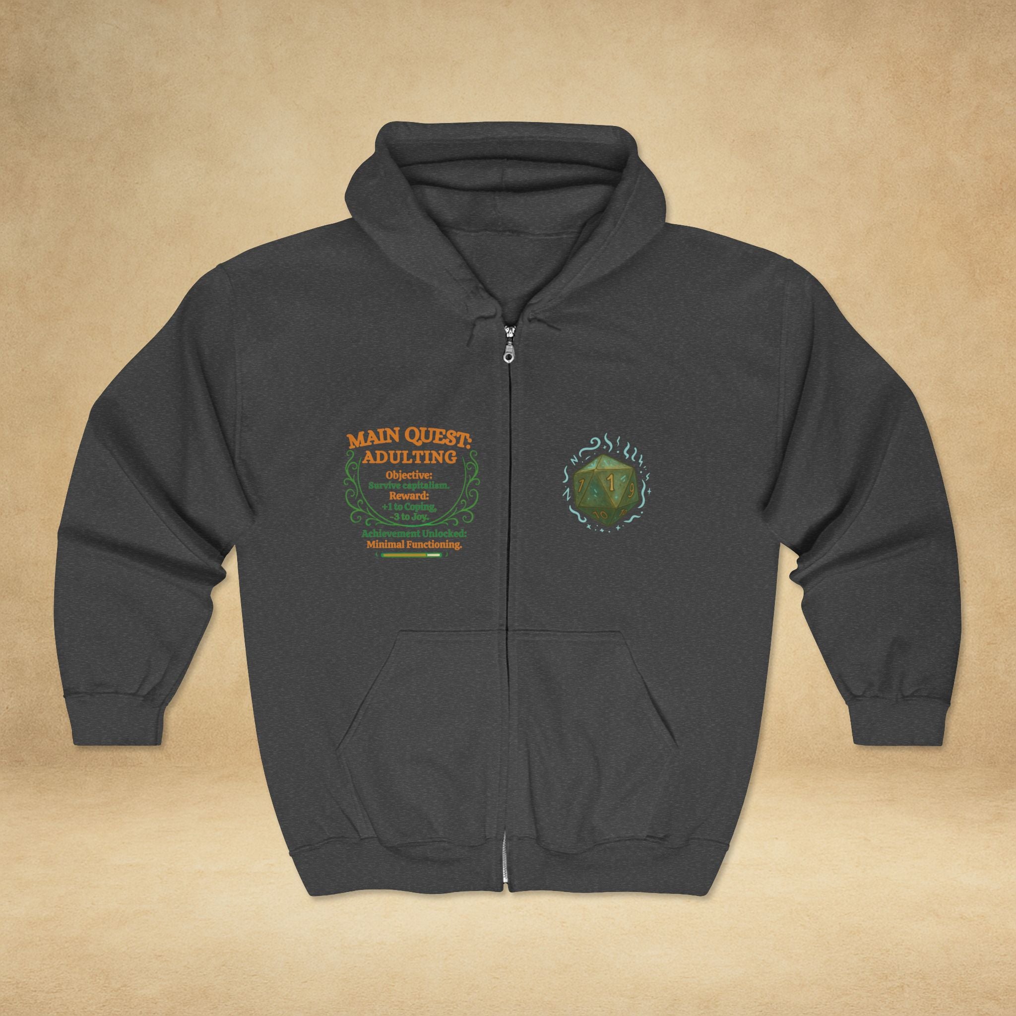 Adulting Quest Zip Hoodie – 'Main Quest: Adulting' Gamer RPG Humor Sweatshirt