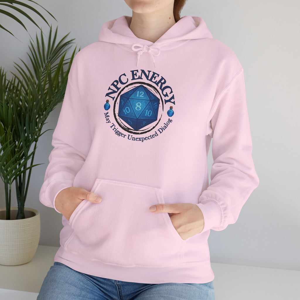 Funny Gamer Hoodie – NPC Energy Sweatshirt with D20 Dice & Dialogue Trigger Warning