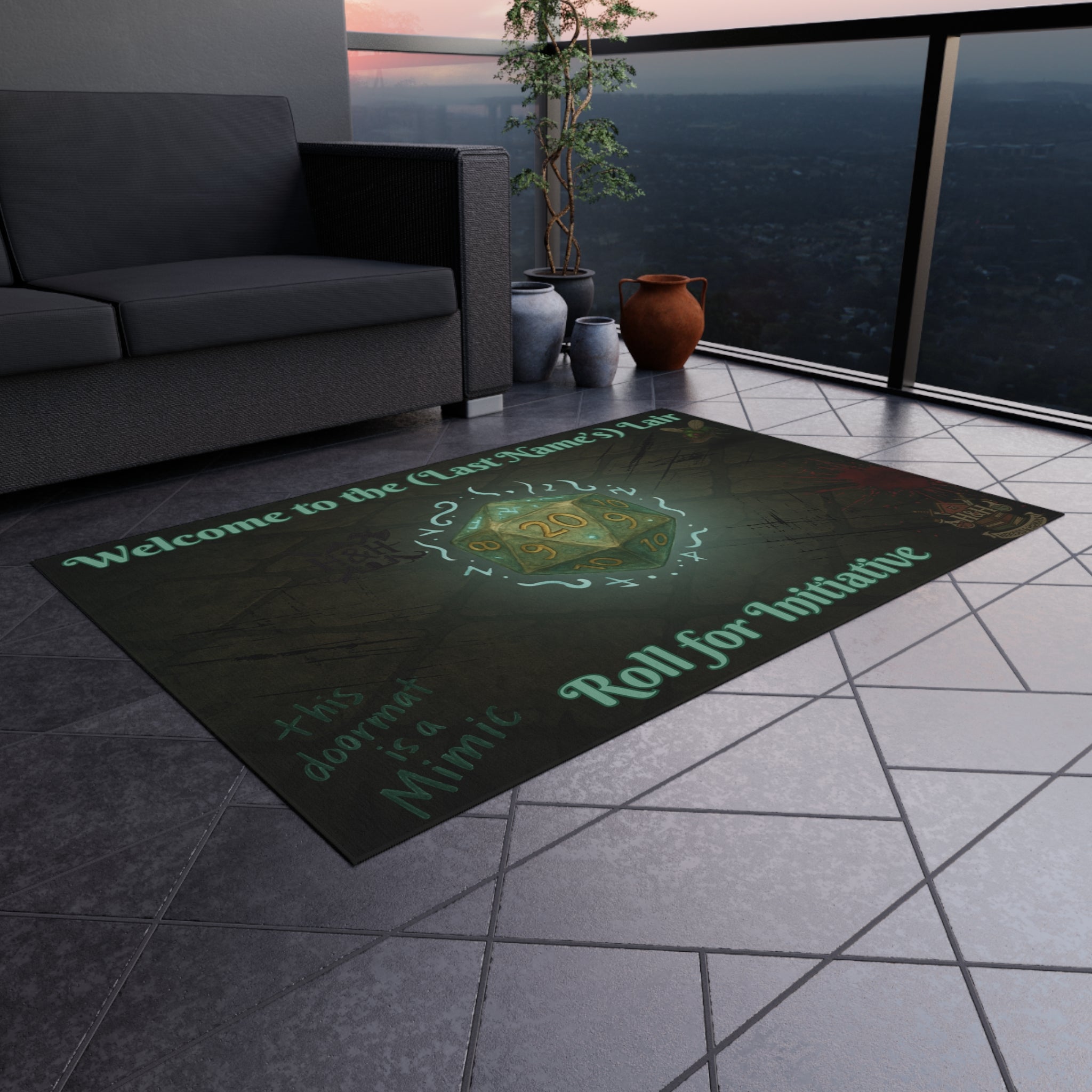 Personalized Gamer Doormat – ‘Welcome to the (Name)’s Lair’ RPG Mat with D20 Design