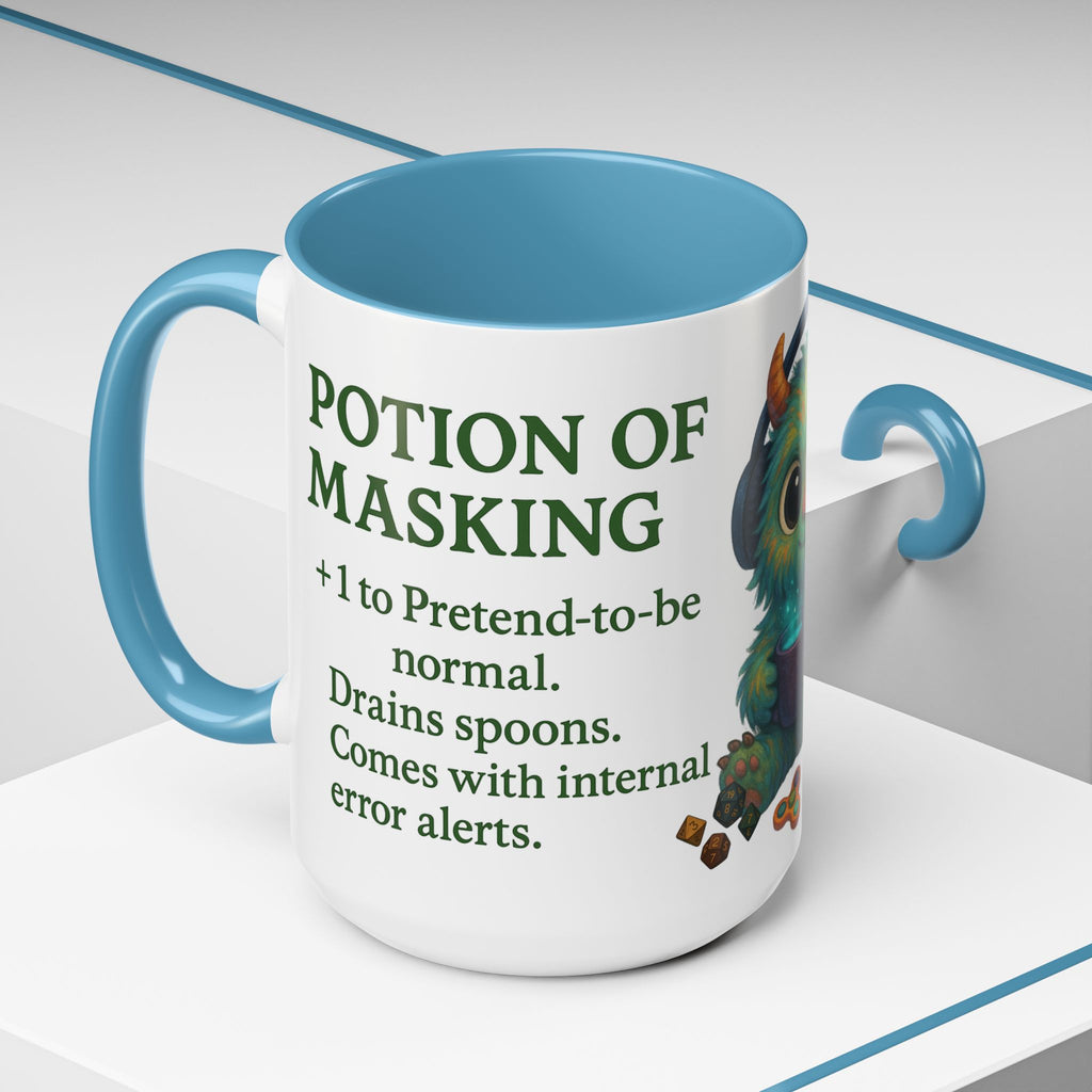 Neurodivergent Mug – 'Potion of Masking' Coffee Cup with Cute Autism Monster Art