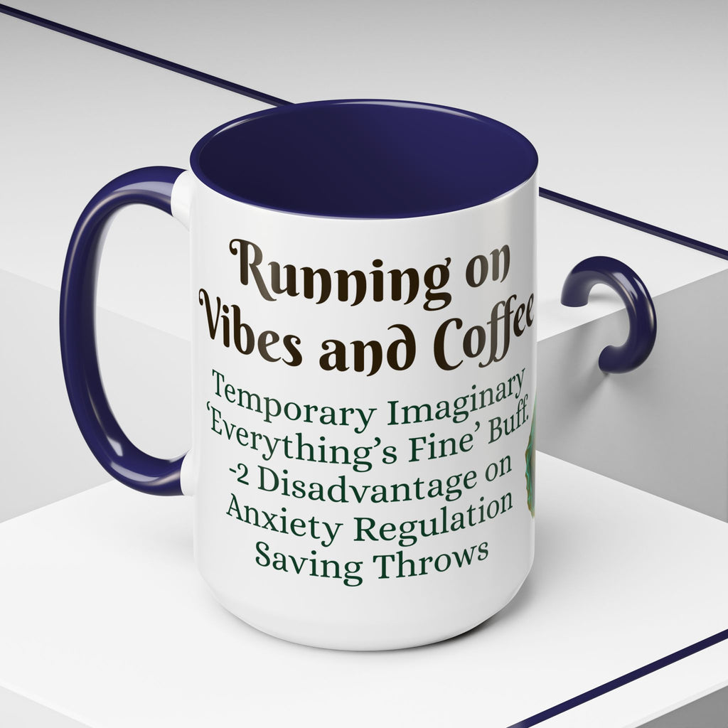 Gaming Coffee Mug – ‘Running on Vibes & Coffee’ Critical Brew Level for D&D Fans RPG