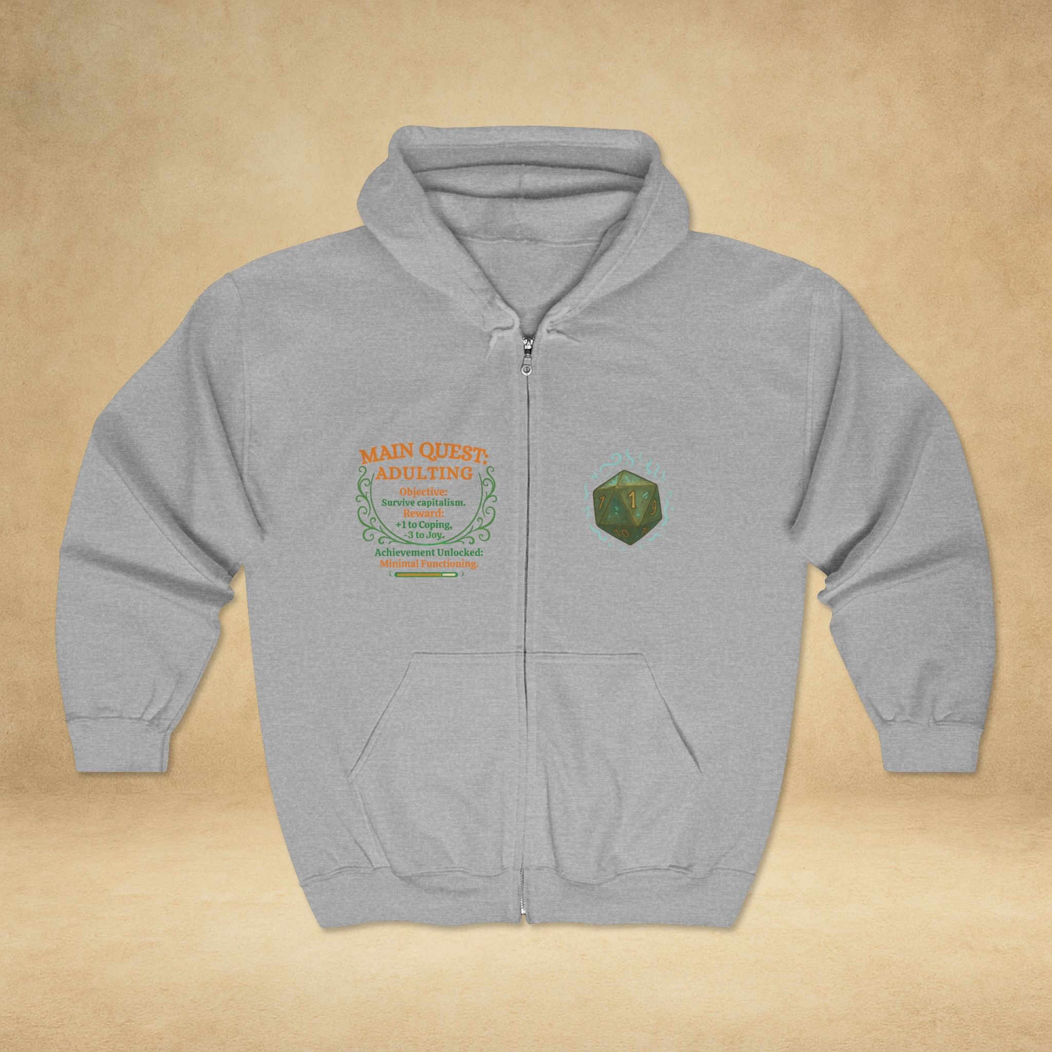 Adulting Quest Zip Hoodie – 'Main Quest: Adulting' Gamer RPG Humor Sweatshirt