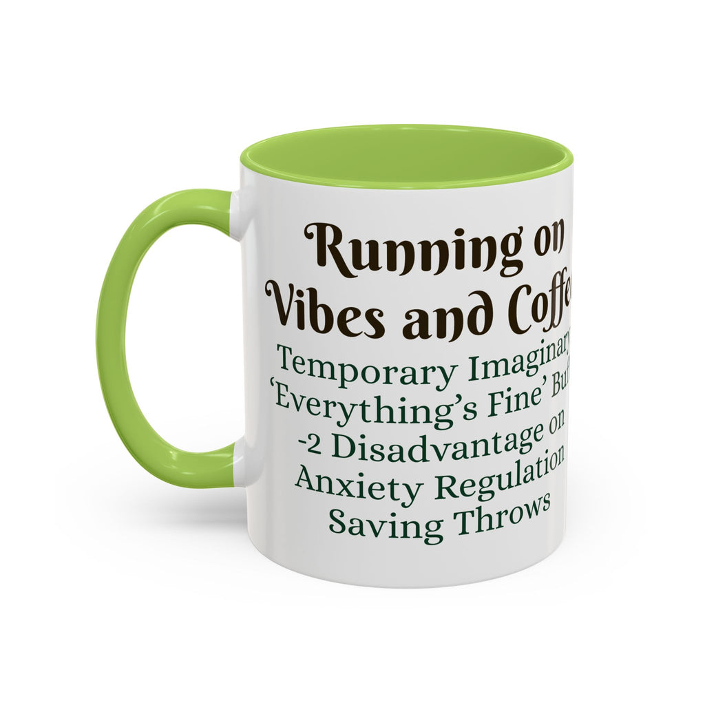 Gaming Coffee Mug – ‘Running on Vibes & Coffee’ Critical Brew Level for D&D Fans RPG