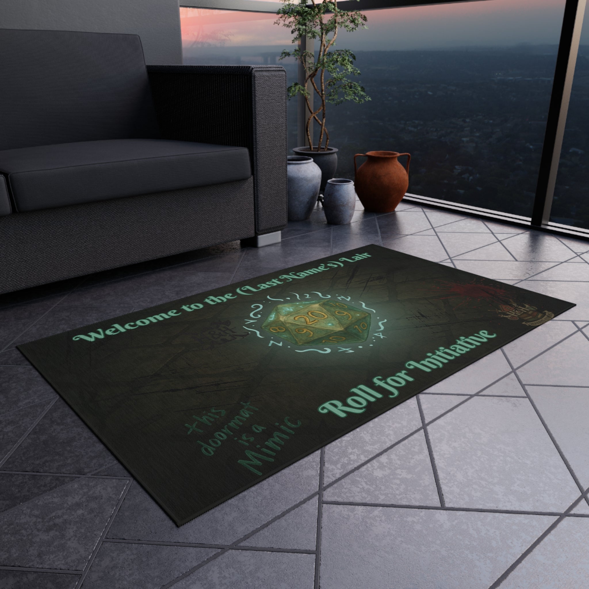 Personalized Gamer Doormat – ‘Welcome to the (Name)’s Lair’ RPG Mat with D20 Design