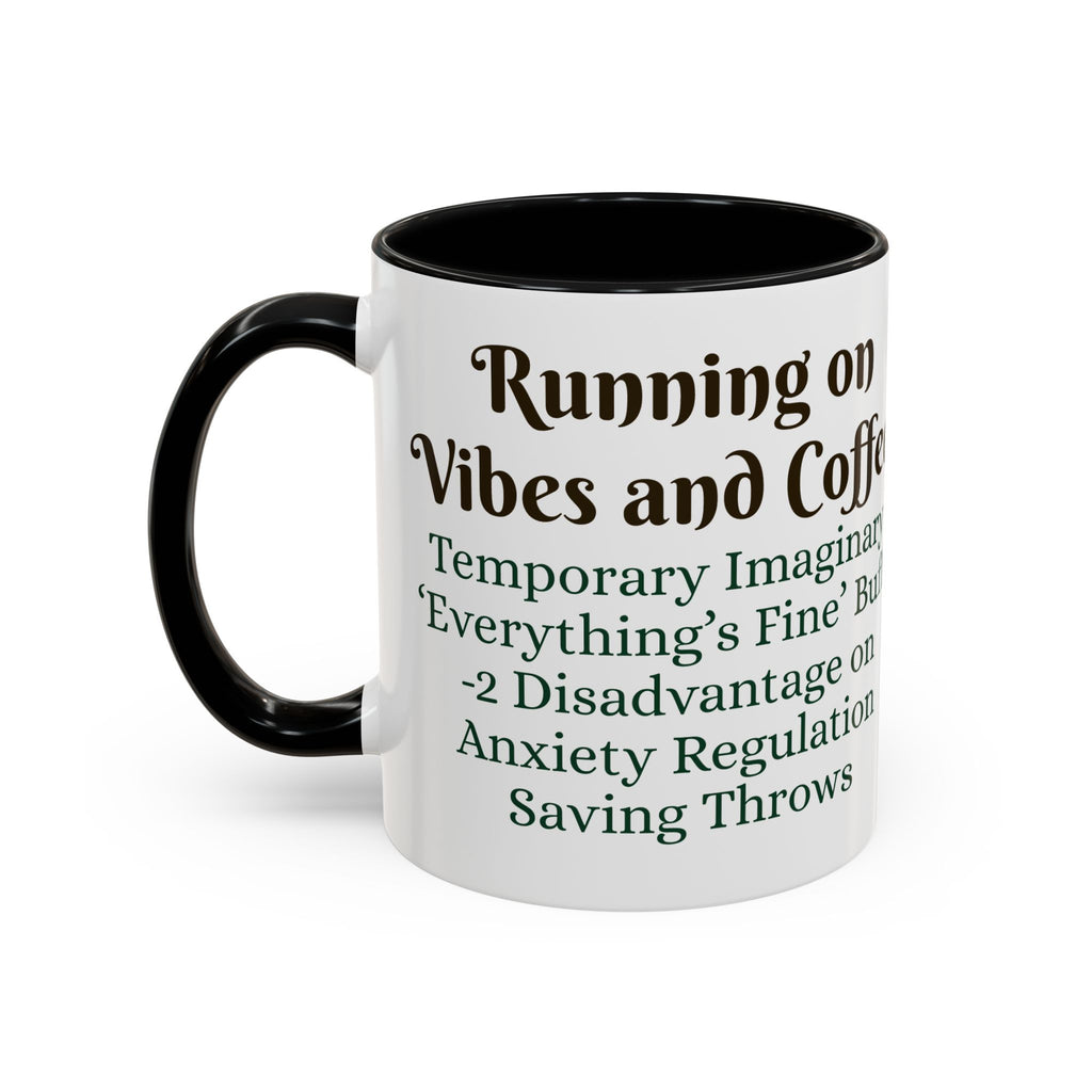 Gaming Coffee Mug – ‘Running on Vibes & Coffee’ Critical Brew Level for D&D Fans RPG