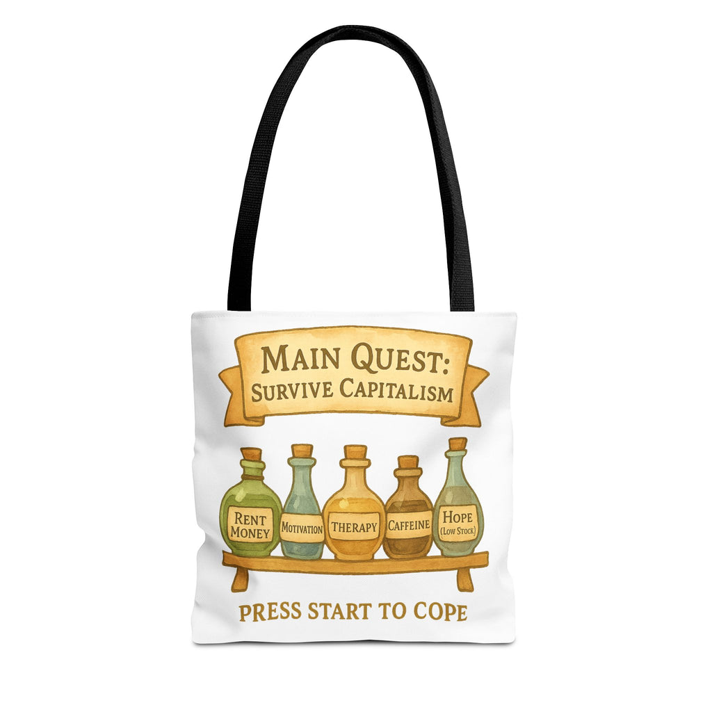 Main Quest Tote Bag – Survive Capitalism | Funny Gamer Gift & Eco-Friendly Shopping Tote