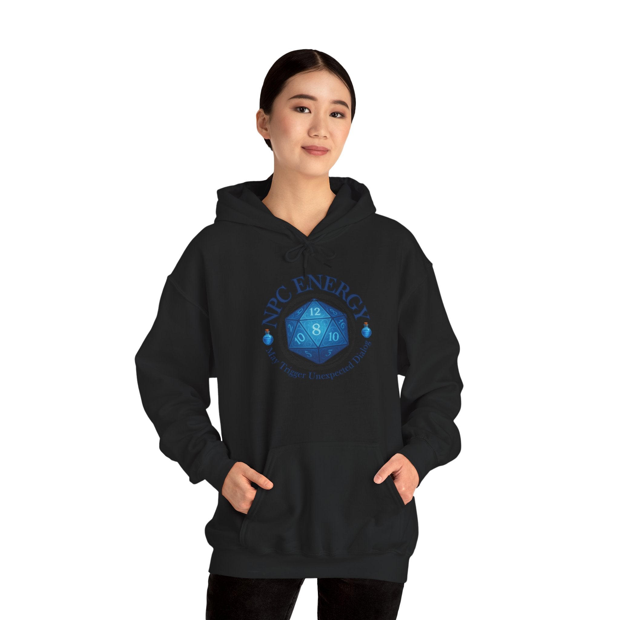 Funny Gamer Hoodie – NPC Energy Sweatshirt with D20 Dice & Dialogue Trigger Warning