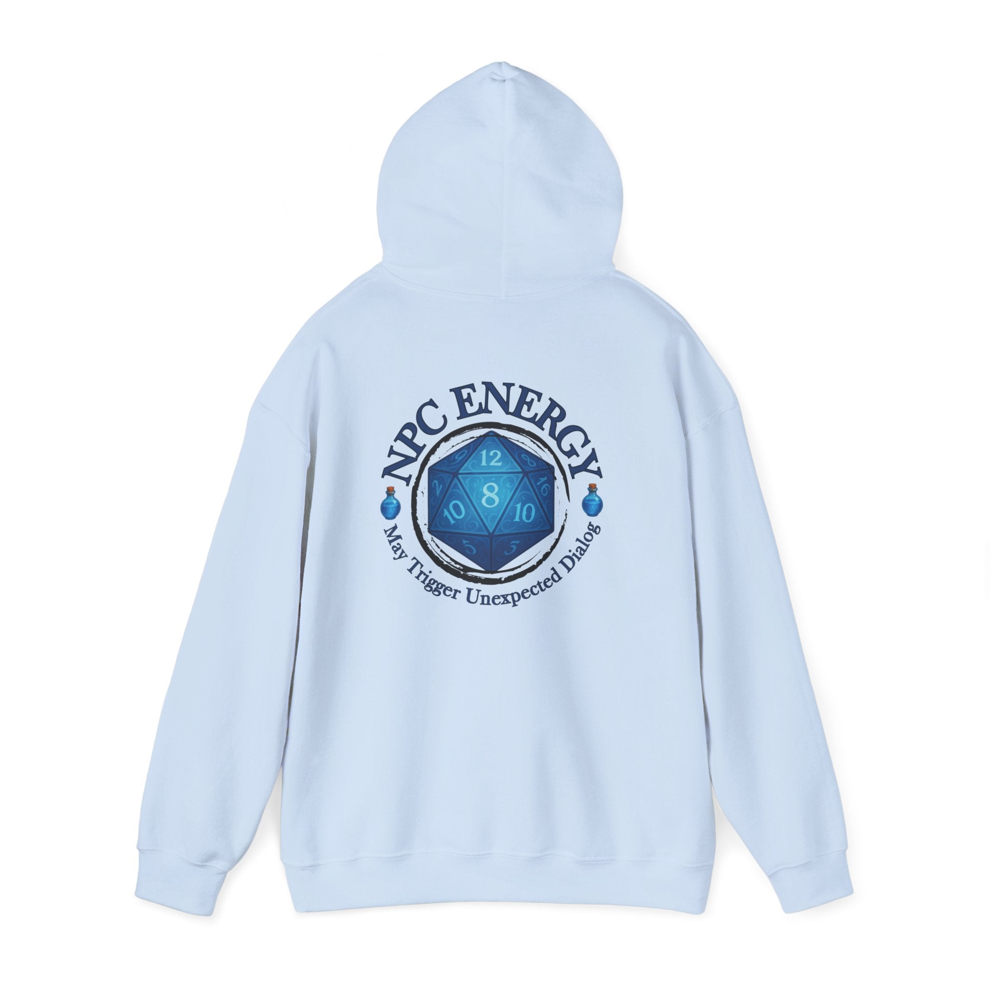 Funny Gamer Hoodie – NPC Energy Sweatshirt with D20 Dice & Dialogue Trigger Warning