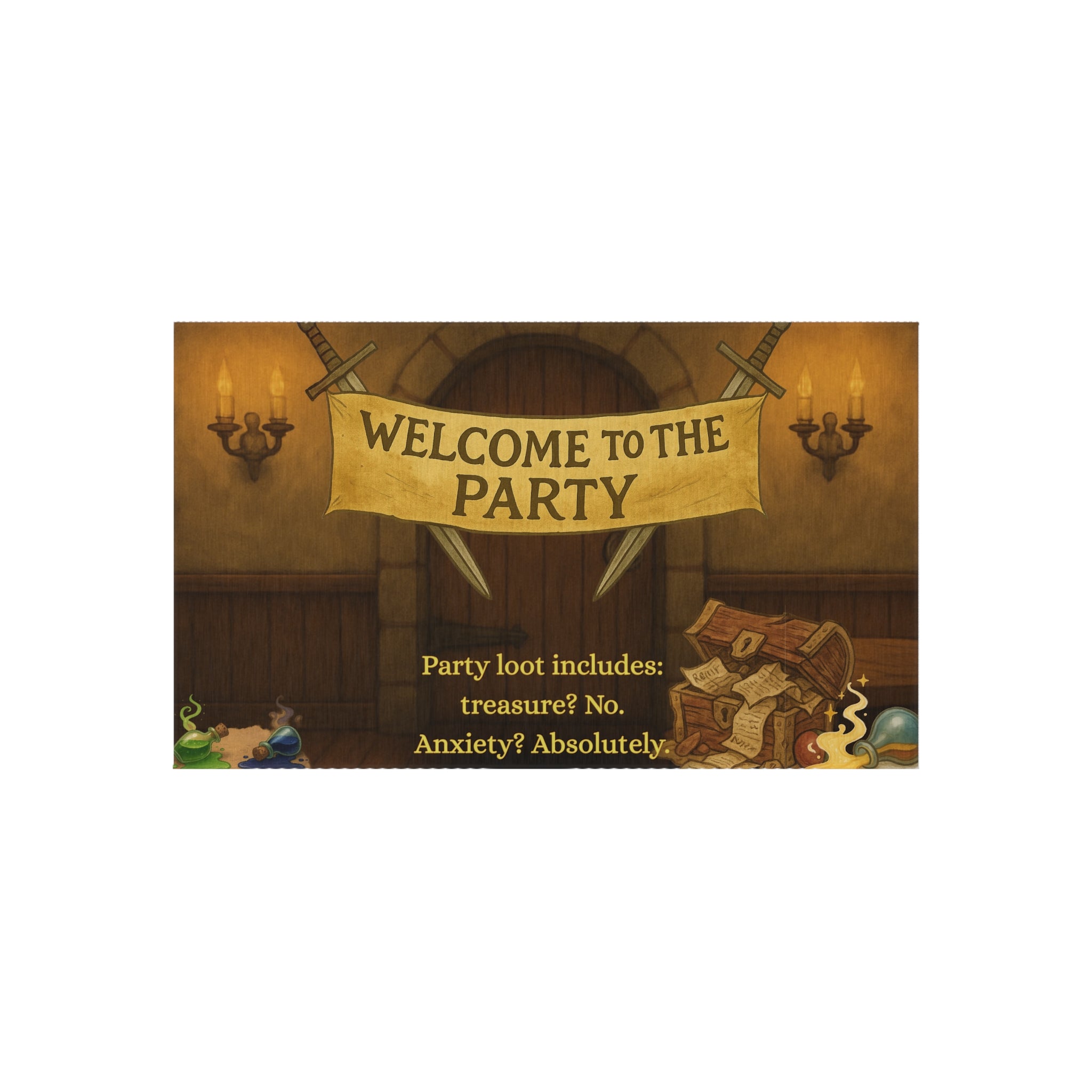 Funny Doormat – 'Welcome to the Party (Anxiety Loot)' RPG Rug for Nerdy Entrances