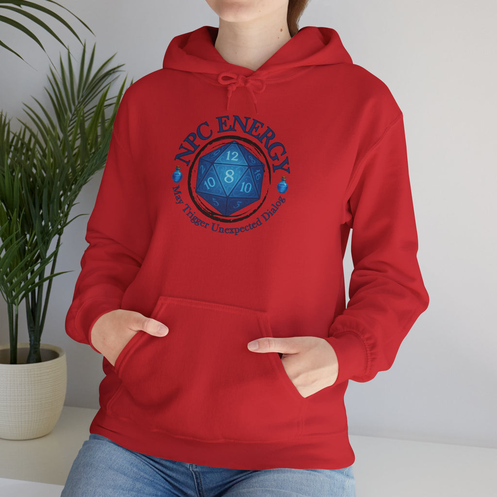 Funny Gamer Hoodie – NPC Energy Sweatshirt with D20 Dice & Dialogue Trigger Warning
