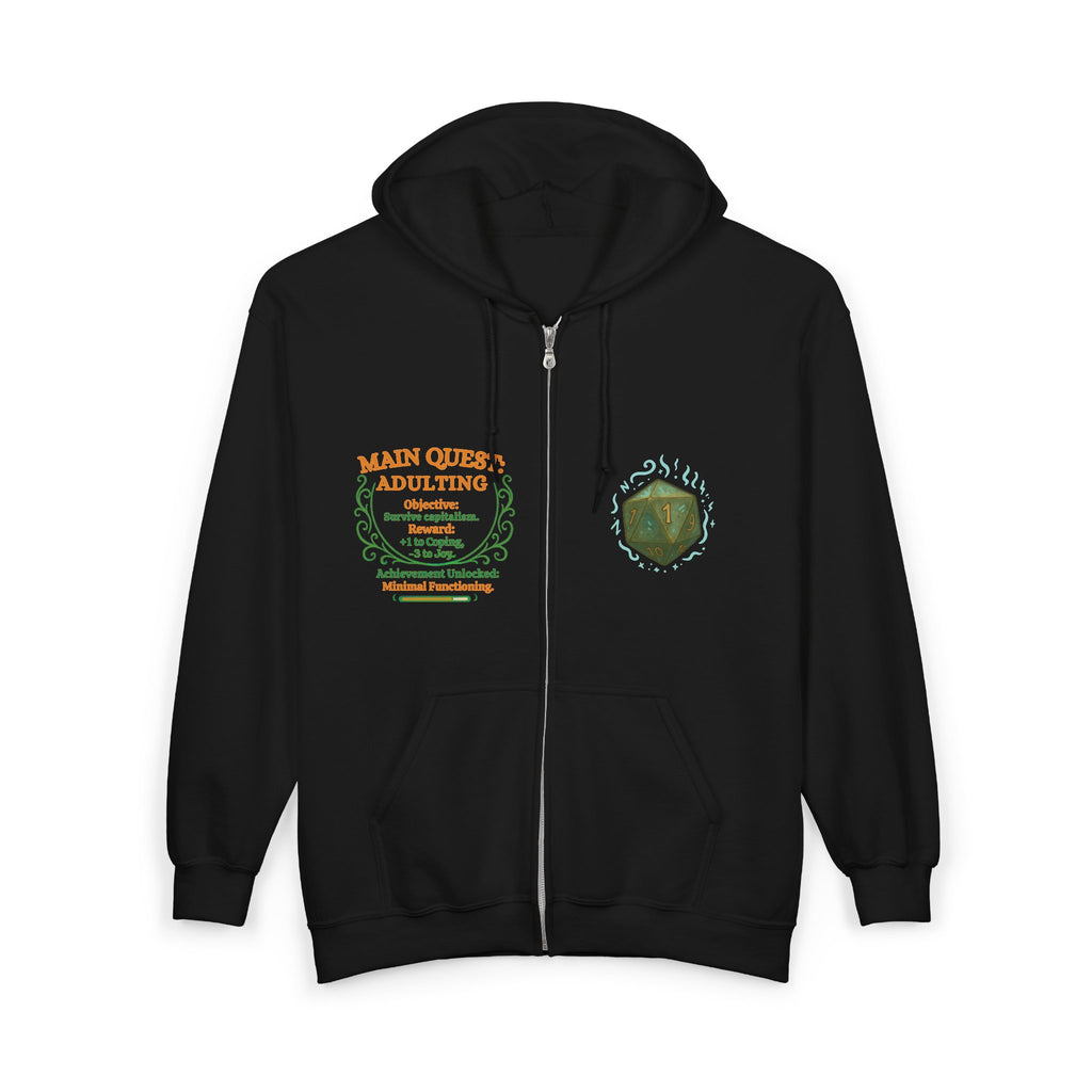Adulting Quest Zip Hoodie – 'Main Quest: Adulting' Gamer RPG Humor Sweatshirt
