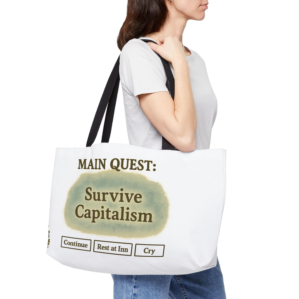 Main Quest: Survive Capitalism Tote – Funny Gamer Travel Bag | Press Start to Cope Canvas Tote