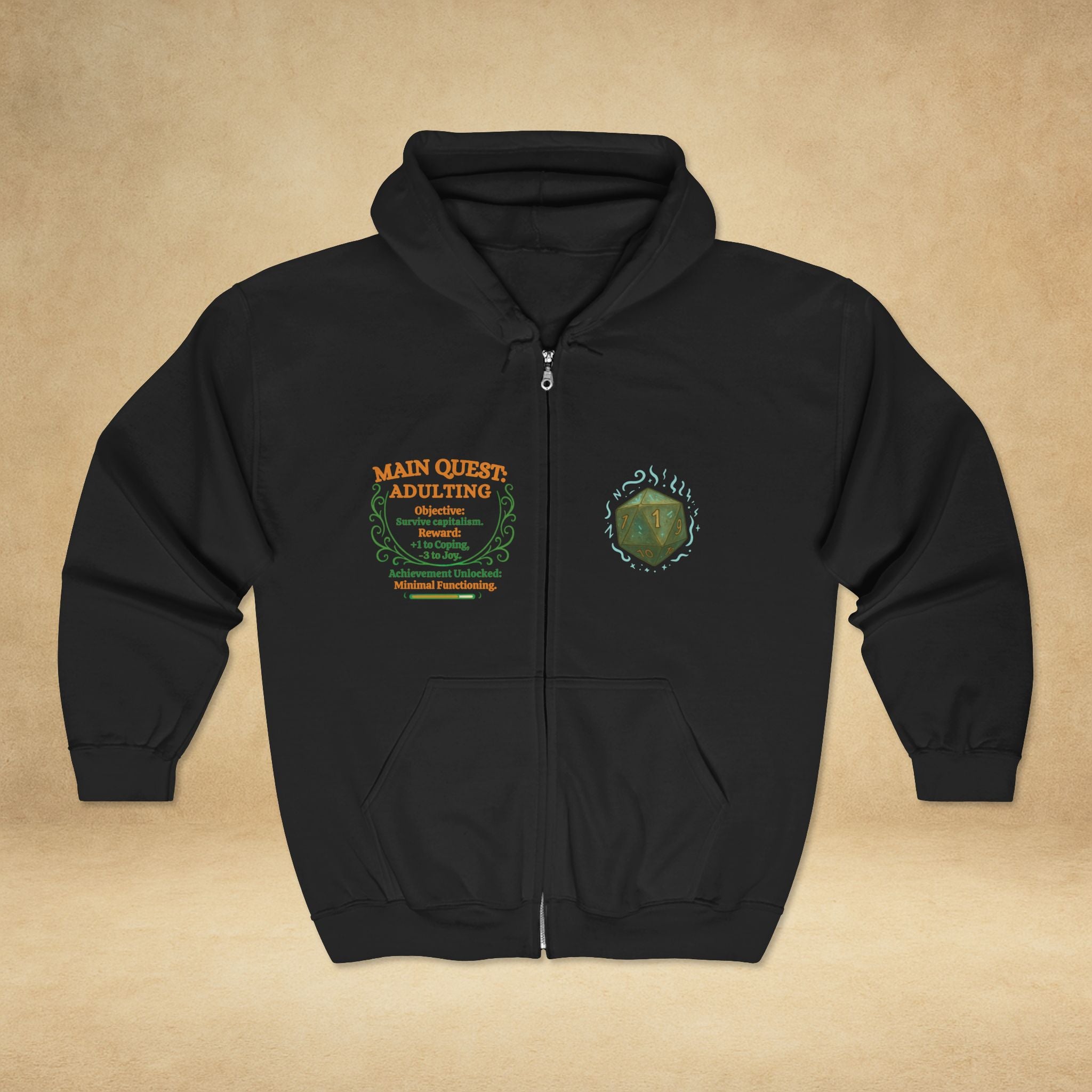 Adulting Quest Zip Hoodie – 'Main Quest: Adulting' Gamer RPG Humor Sweatshirt