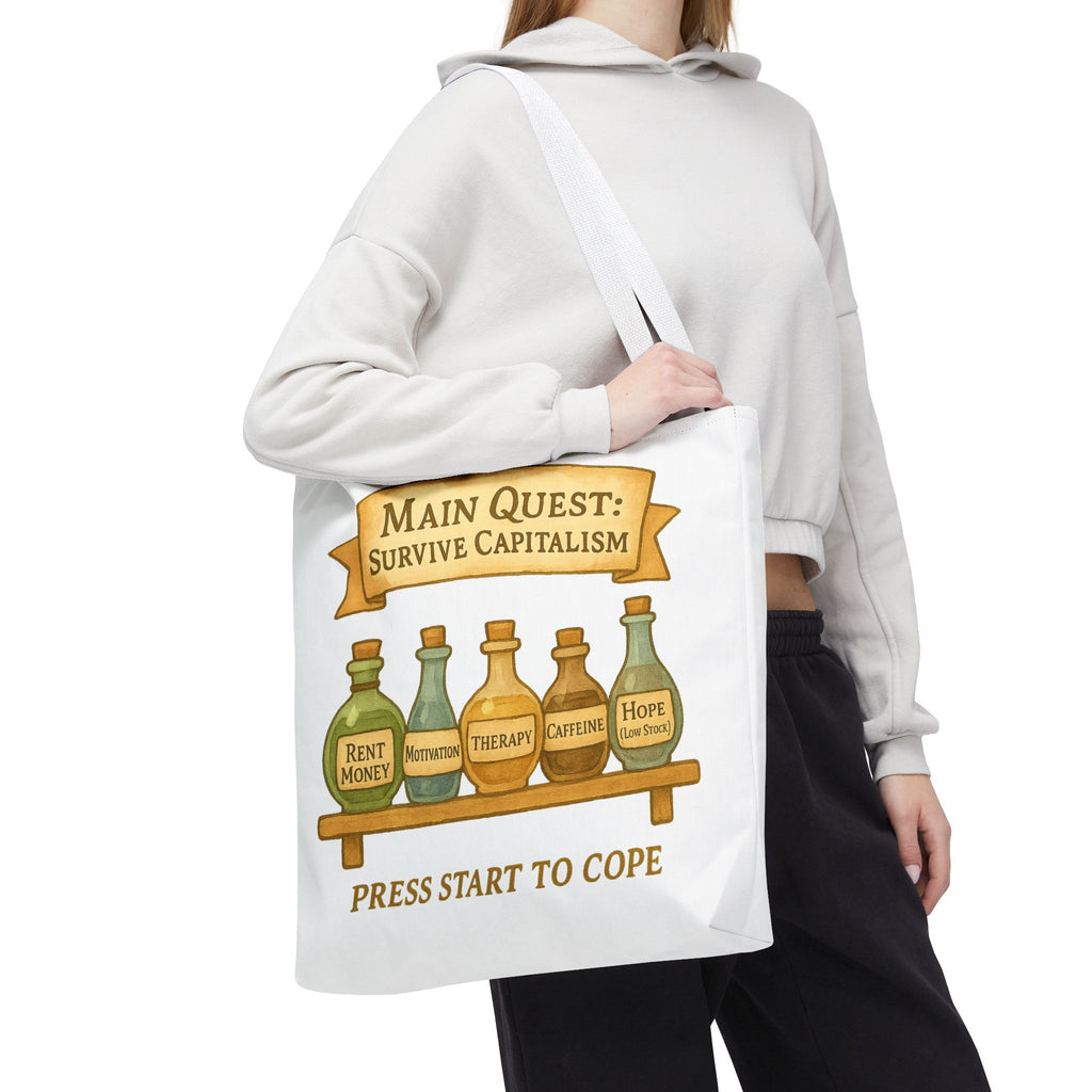 Main Quest Tote Bag – Survive Capitalism | Funny Gamer Gift & Eco-Friendly Shopping Tote