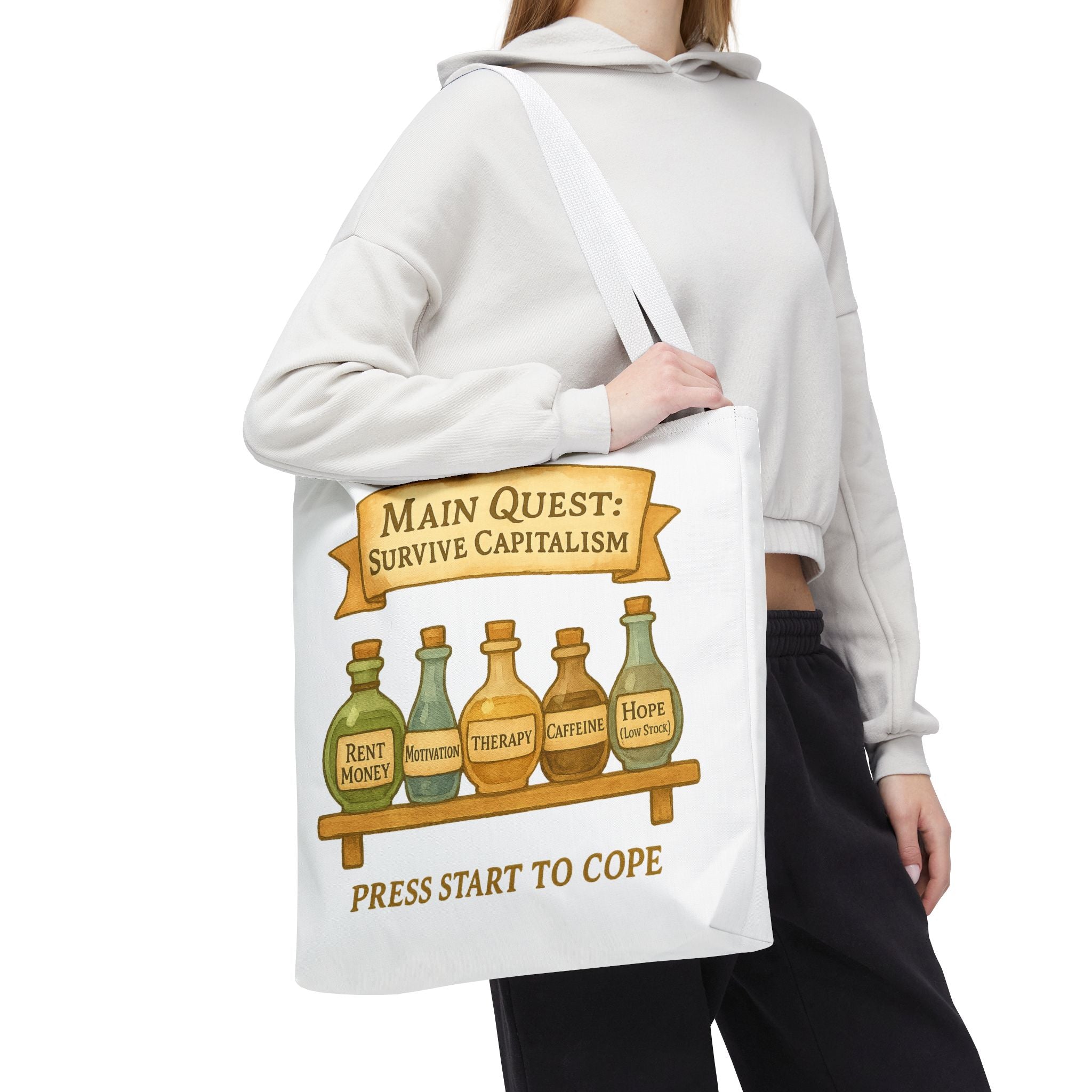 Main Quest Tote Bag – Survive Capitalism | Funny Gamer Gift & Eco-Friendly Shopping Tote