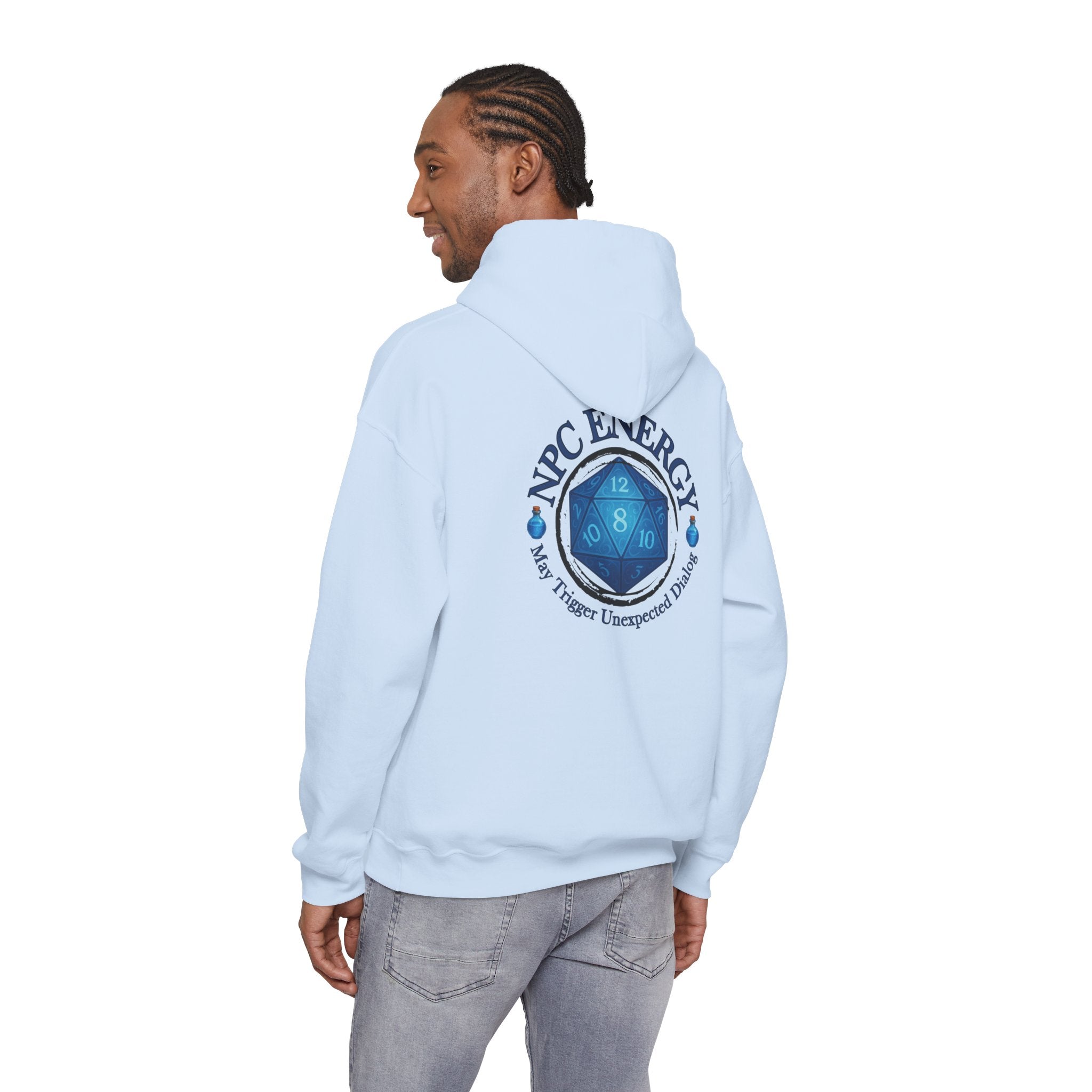 Funny Gamer Hoodie – NPC Energy Sweatshirt with D20 Dice & Dialogue Trigger Warning