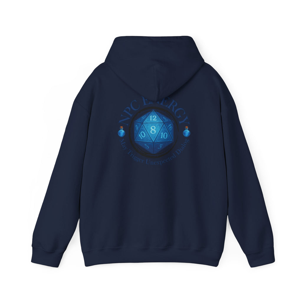 Funny Gamer Hoodie – NPC Energy Sweatshirt with D20 Dice & Dialogue Trigger Warning