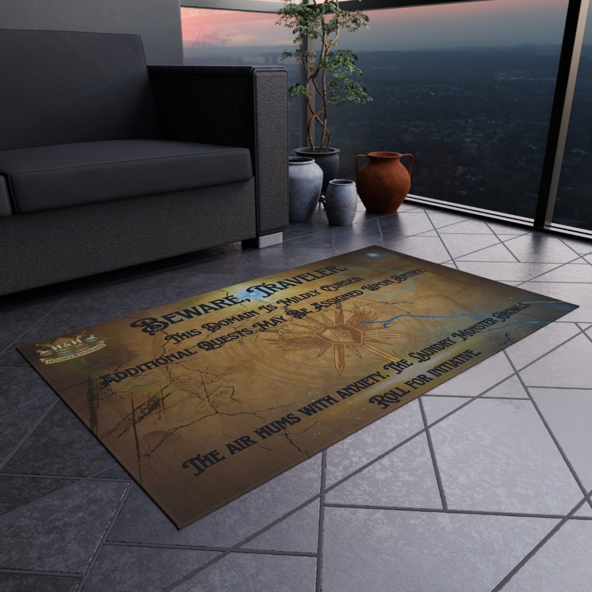 Beware, Traveler Doormat – Fantasy Rug for Gamers, Nerds & RPG Fans