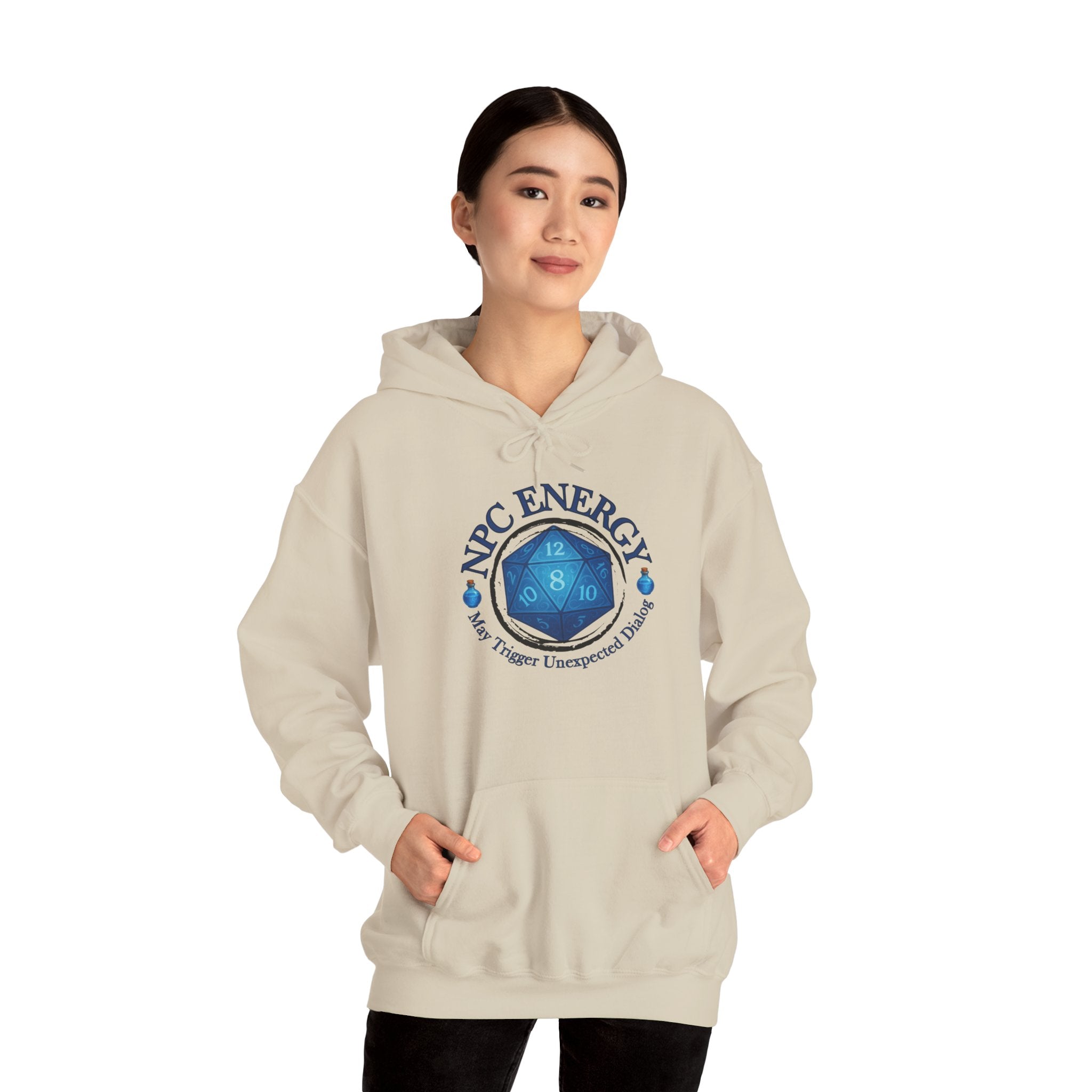 Funny Gamer Hoodie – NPC Energy Sweatshirt with D20 Dice & Dialogue Trigger Warning