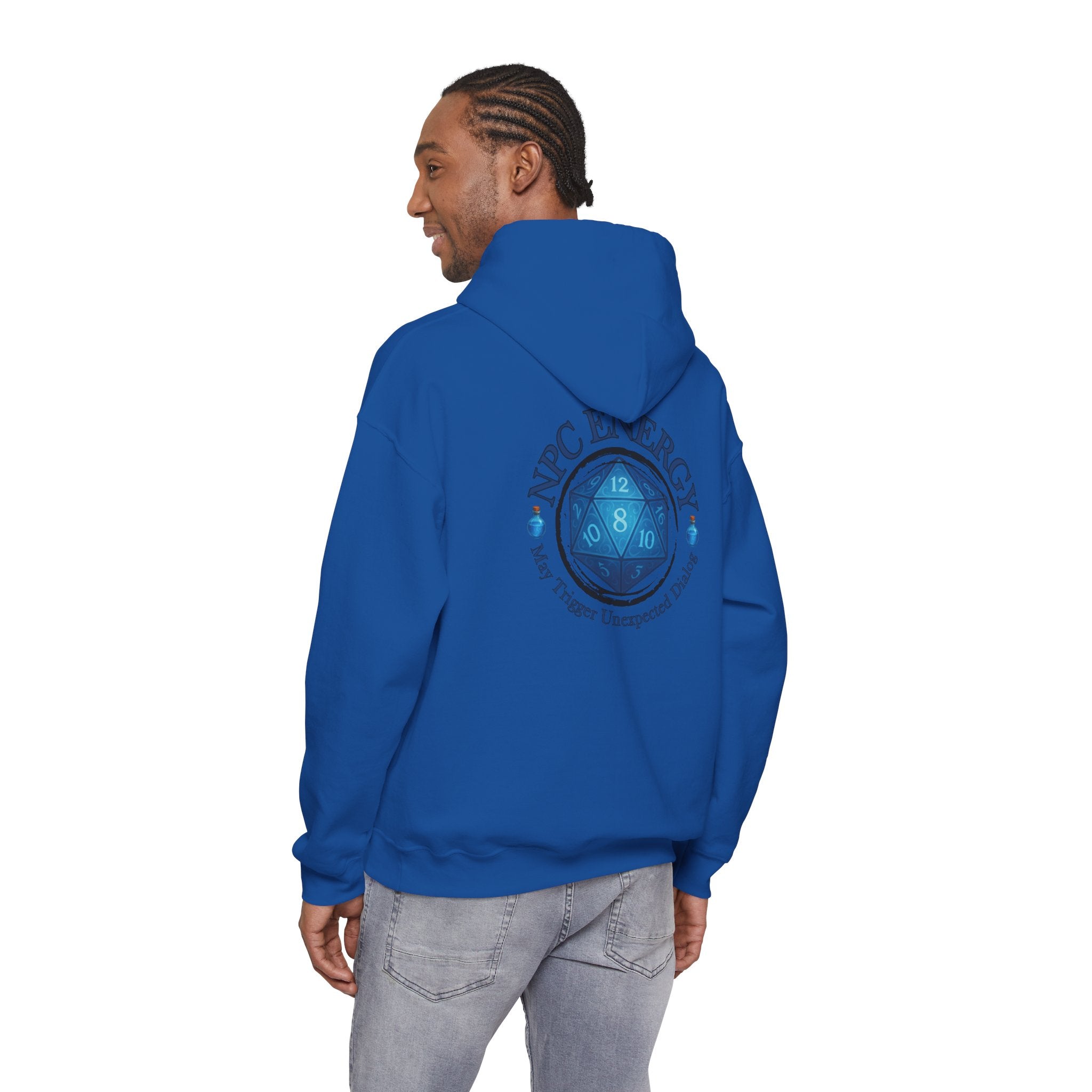 Funny Gamer Hoodie – NPC Energy Sweatshirt with D20 Dice & Dialogue Trigger Warning