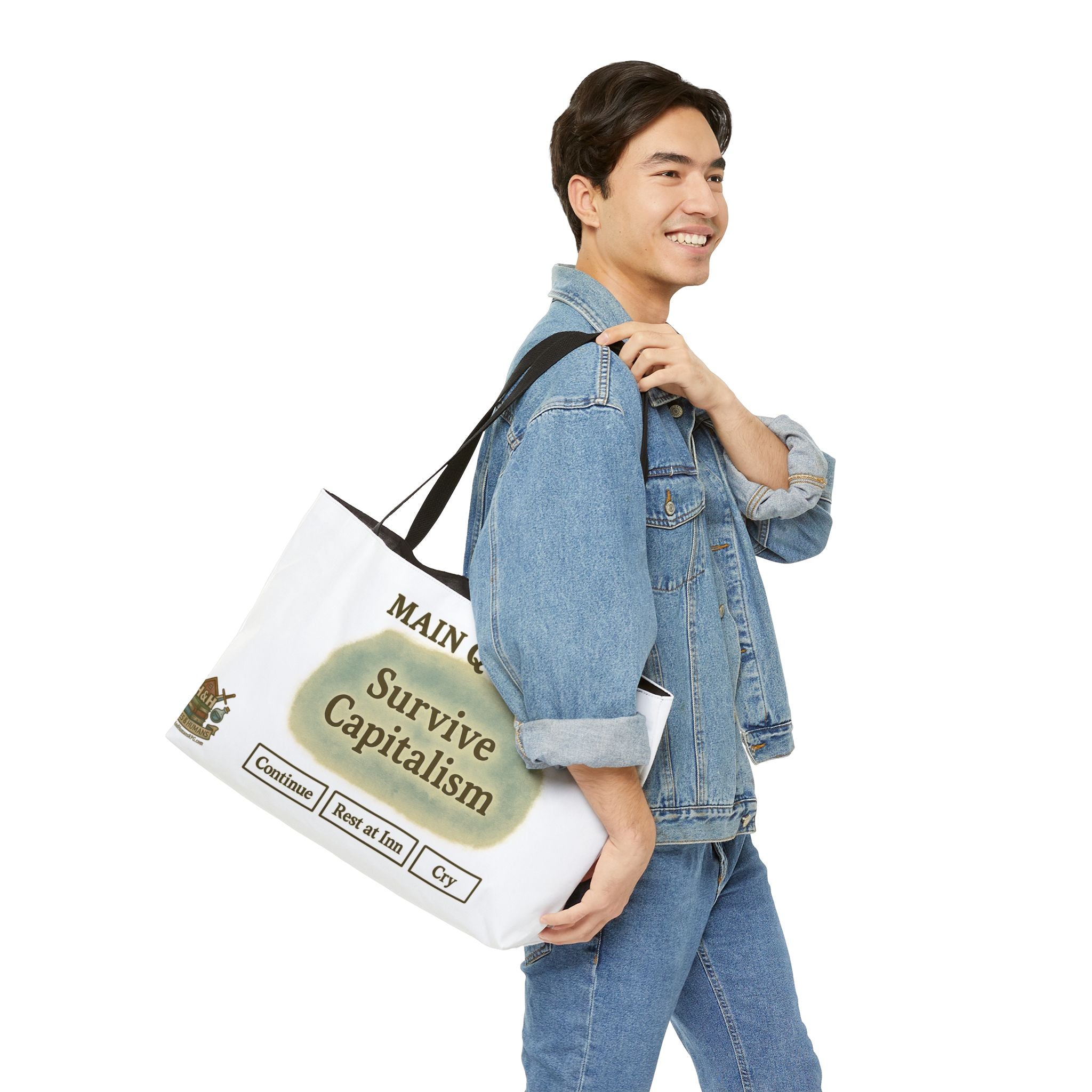 Main Quest: Survive Capitalism Tote – Funny Gamer Travel Bag | Press Start to Cope Canvas Tote