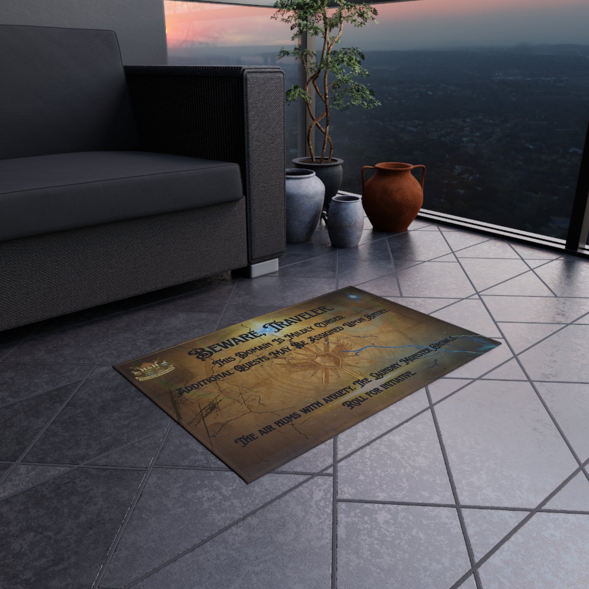 Beware, Traveler Doormat – Fantasy Rug for Gamers, Nerds & RPG Fans
