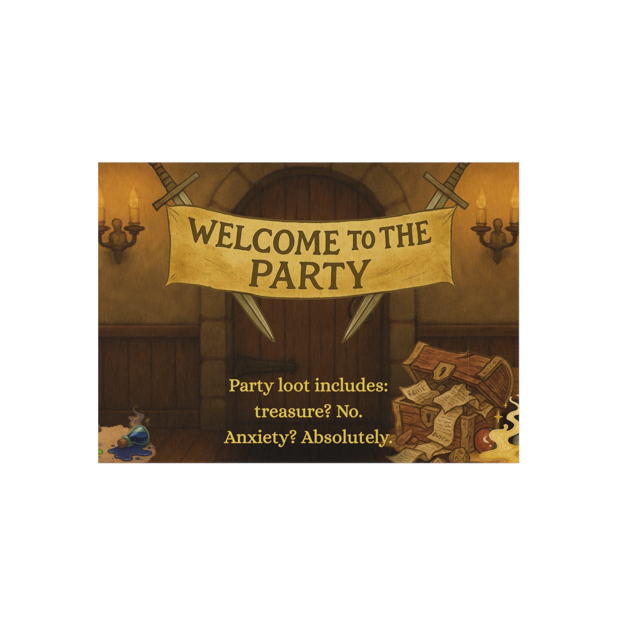 Funny Doormat – 'Welcome to the Party (Anxiety Loot)' RPG Rug for Nerdy Entrances
