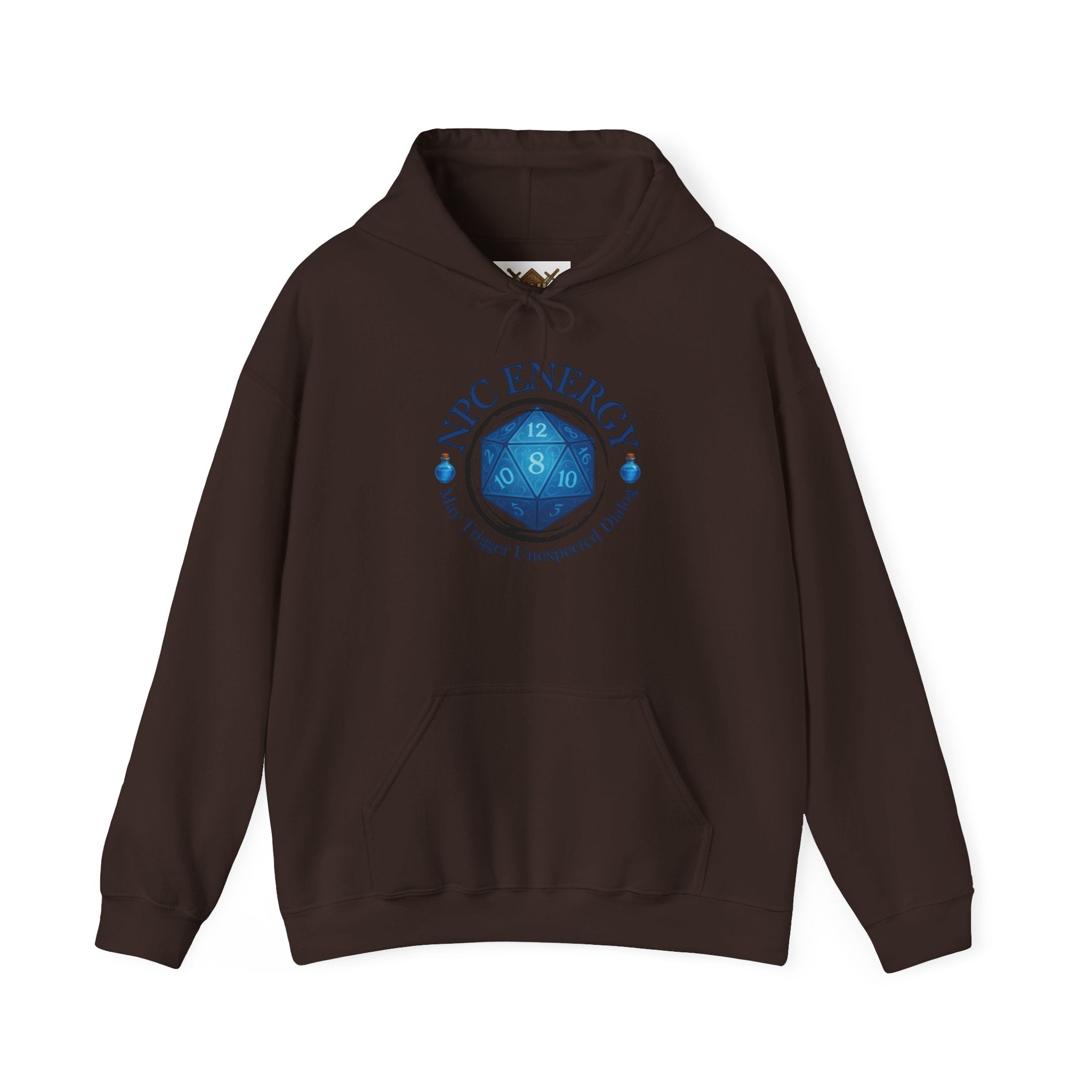 Funny Gamer Hoodie – NPC Energy Sweatshirt with D20 Dice & Dialogue Trigger Warning