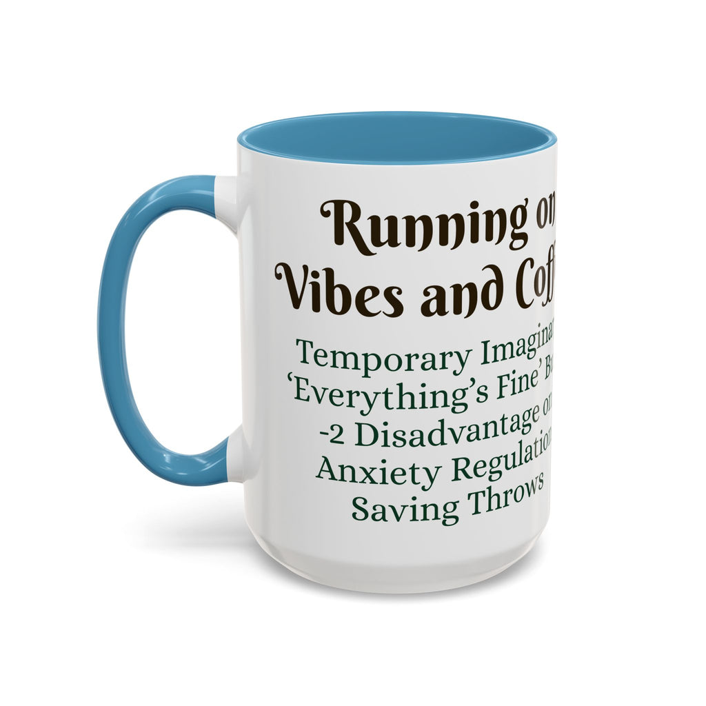 Gaming Coffee Mug – ‘Running on Vibes & Coffee’ Critical Brew Level for D&D Fans RPG