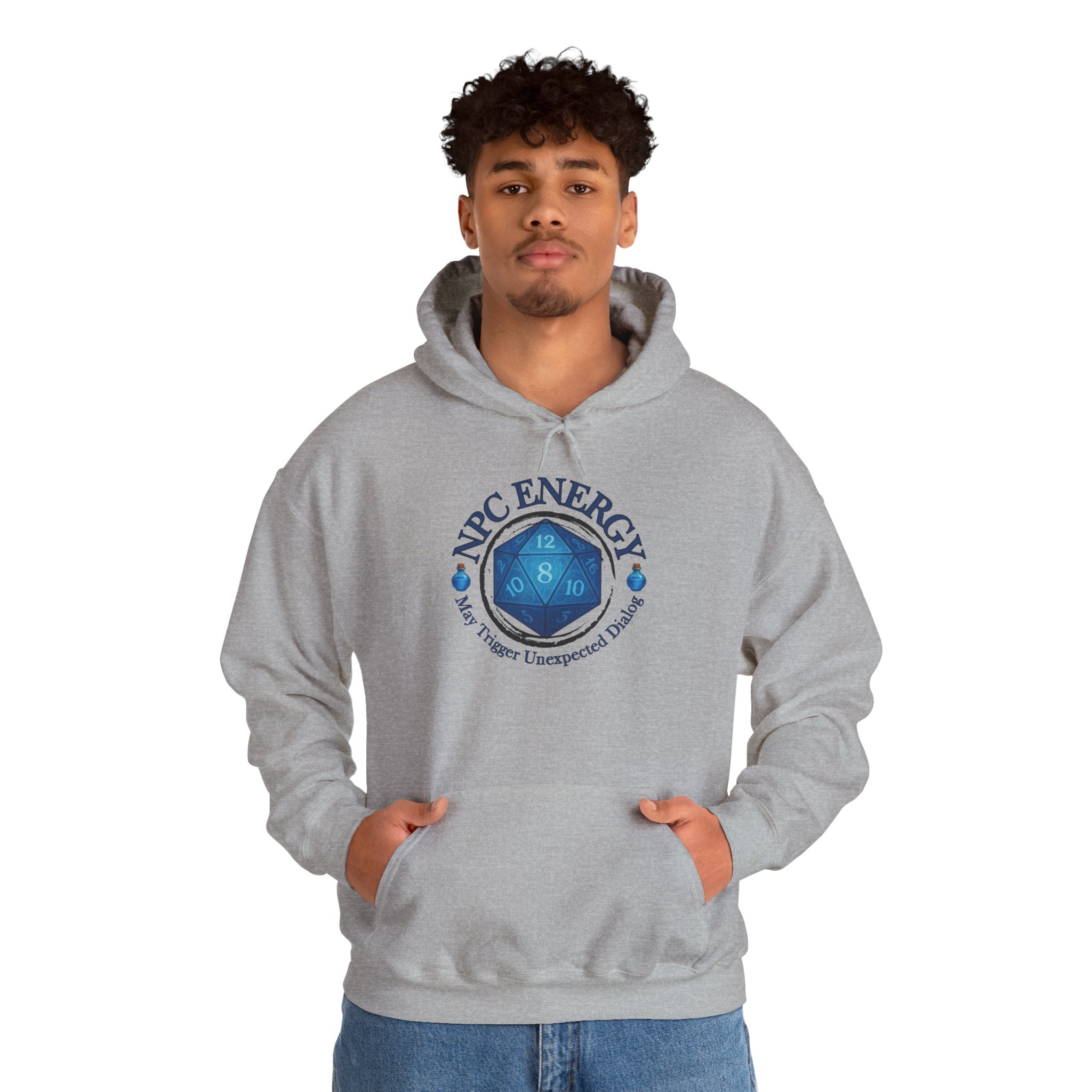 Funny Gamer Hoodie – NPC Energy Sweatshirt with D20 Dice & Dialogue Trigger Warning