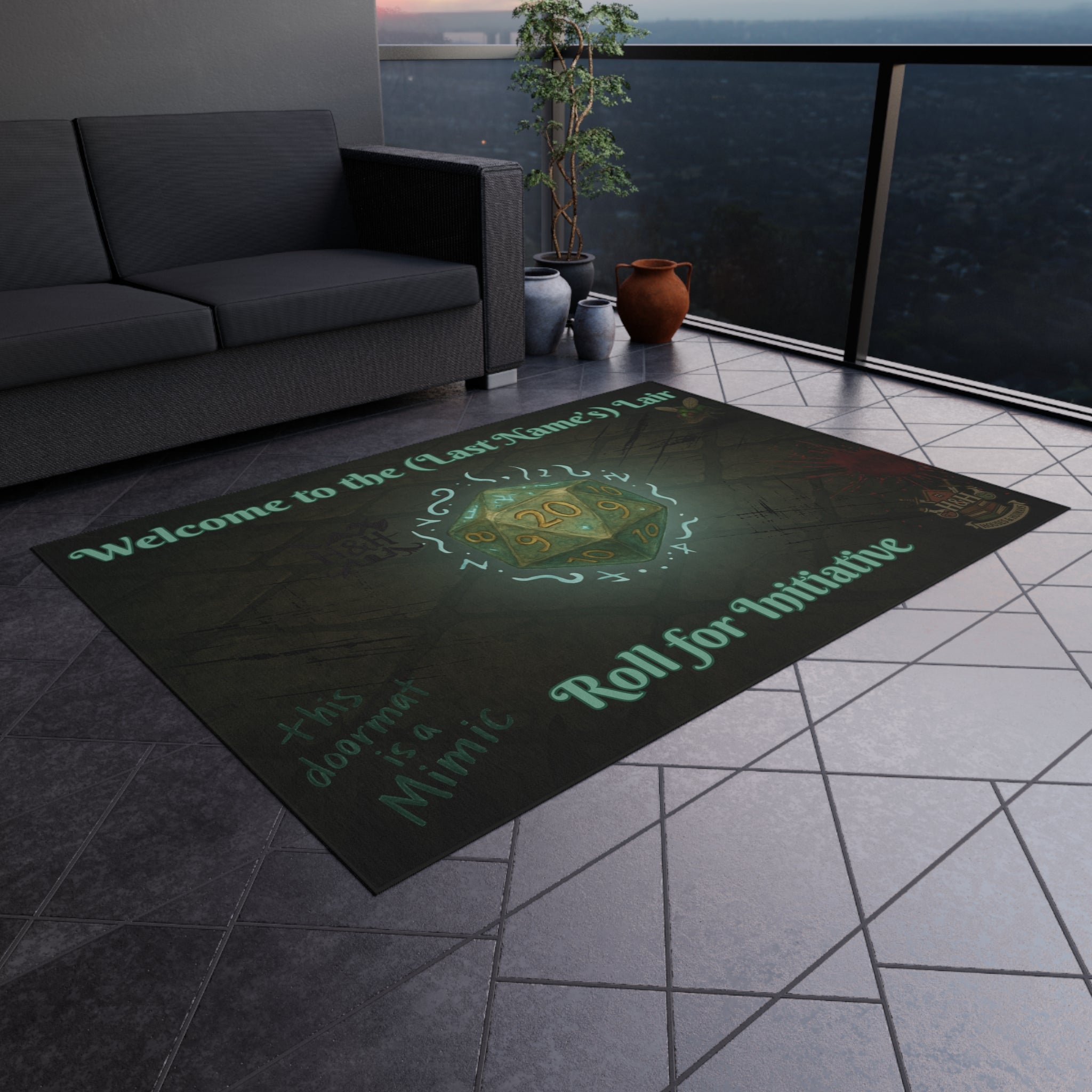 Personalized Gamer Doormat – ‘Welcome to the (Name)’s Lair’ RPG Mat with D20 Design