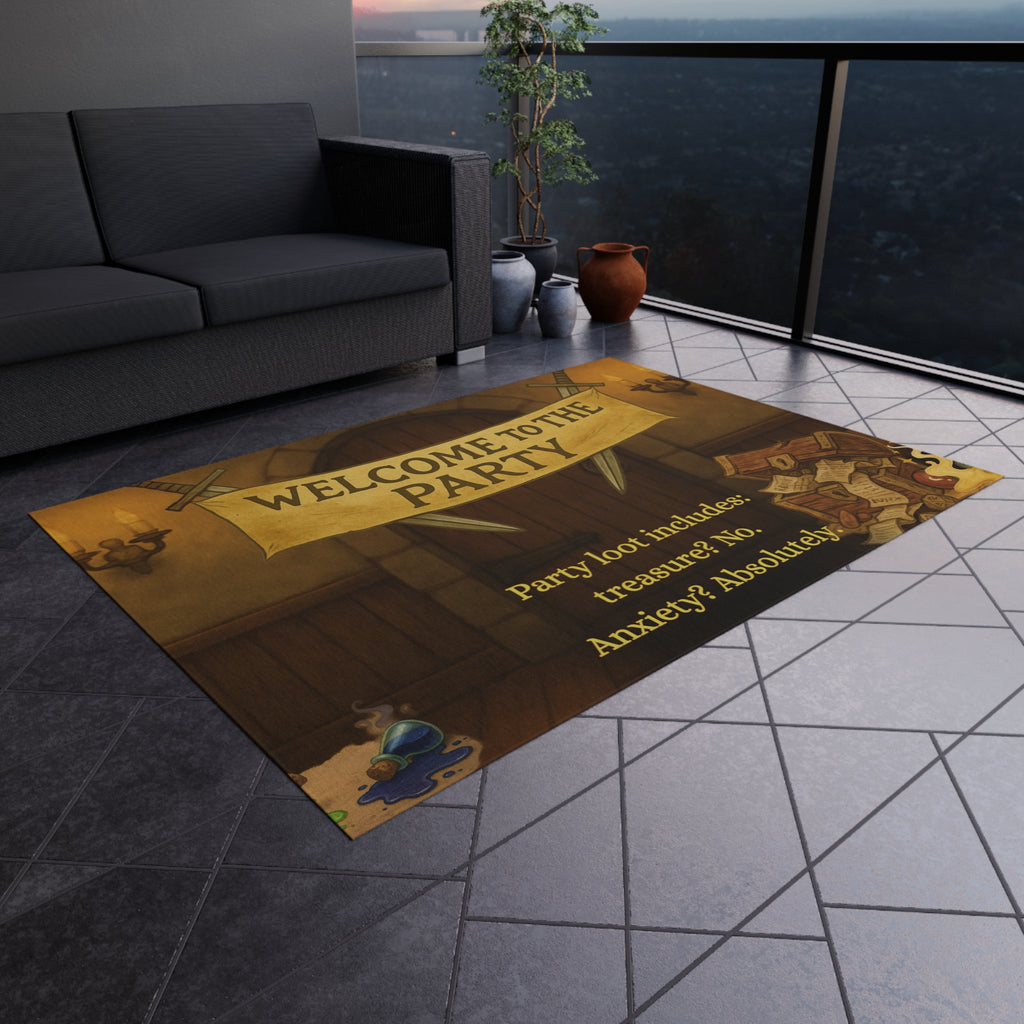 Funny Doormat – 'Welcome to the Party (Anxiety Loot)' RPG Rug for Nerdy Entrances