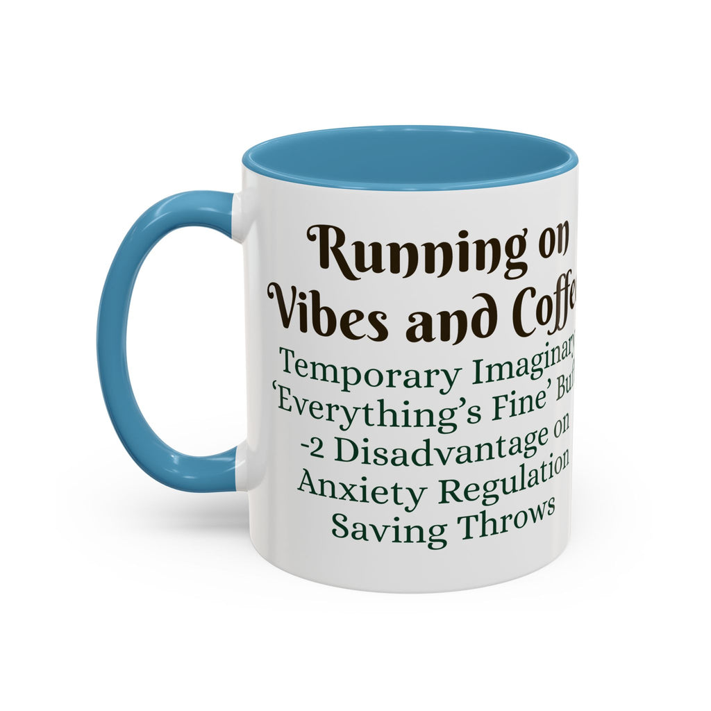 Gaming Coffee Mug – ‘Running on Vibes & Coffee’ Critical Brew Level for D&D Fans RPG