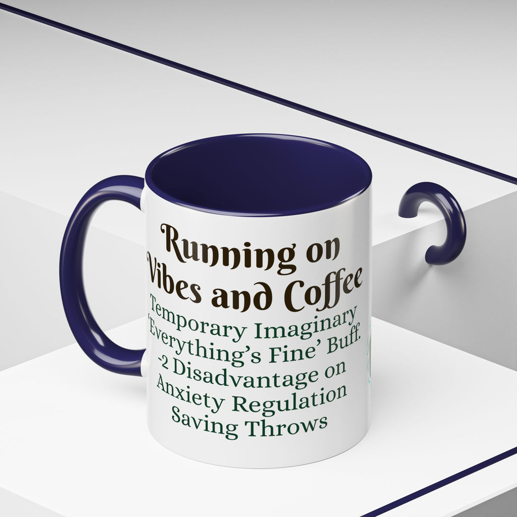 Gaming Coffee Mug – ‘Running on Vibes & Coffee’ Critical Brew Level for D&D Fans RPG
