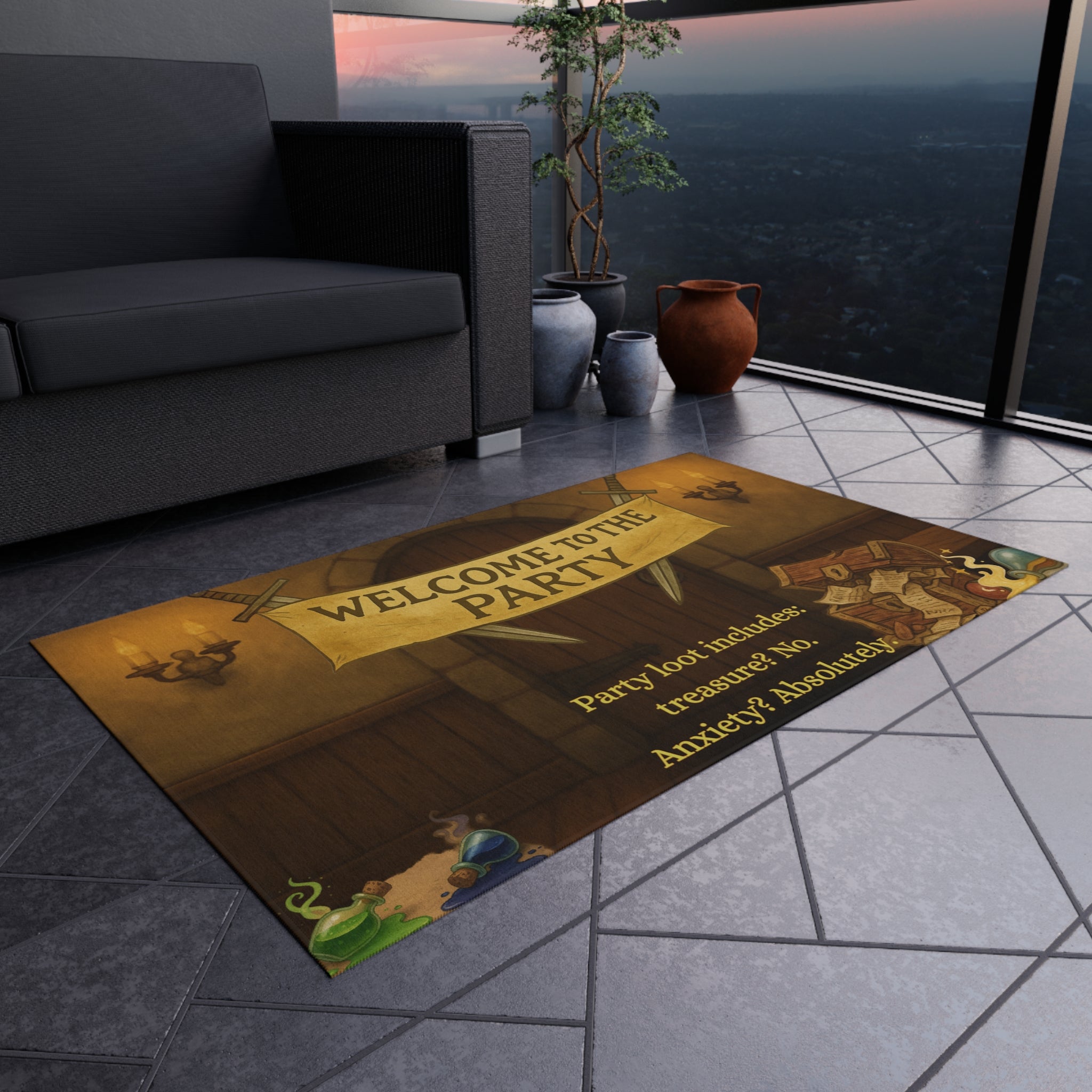 Funny Doormat – 'Welcome to the Party (Anxiety Loot)' RPG Rug for Nerdy Entrances