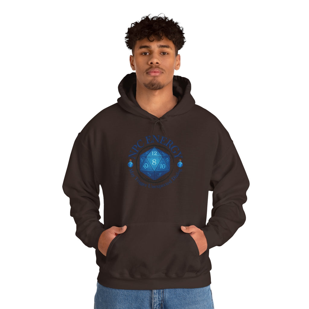 Funny Gamer Hoodie – NPC Energy Sweatshirt with D20 Dice & Dialogue Trigger Warning