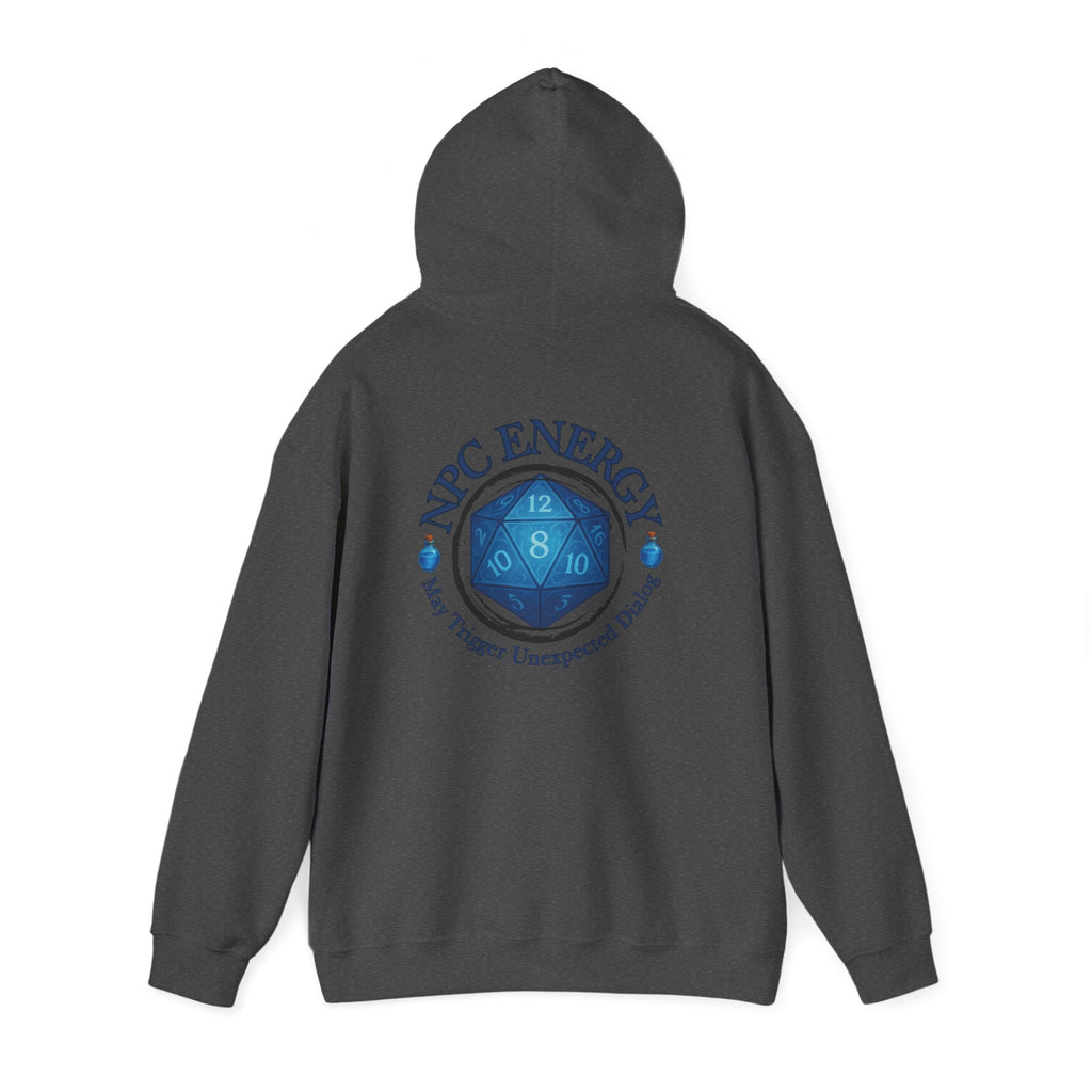 Funny Gamer Hoodie – NPC Energy Sweatshirt with D20 Dice & Dialogue Trigger Warning