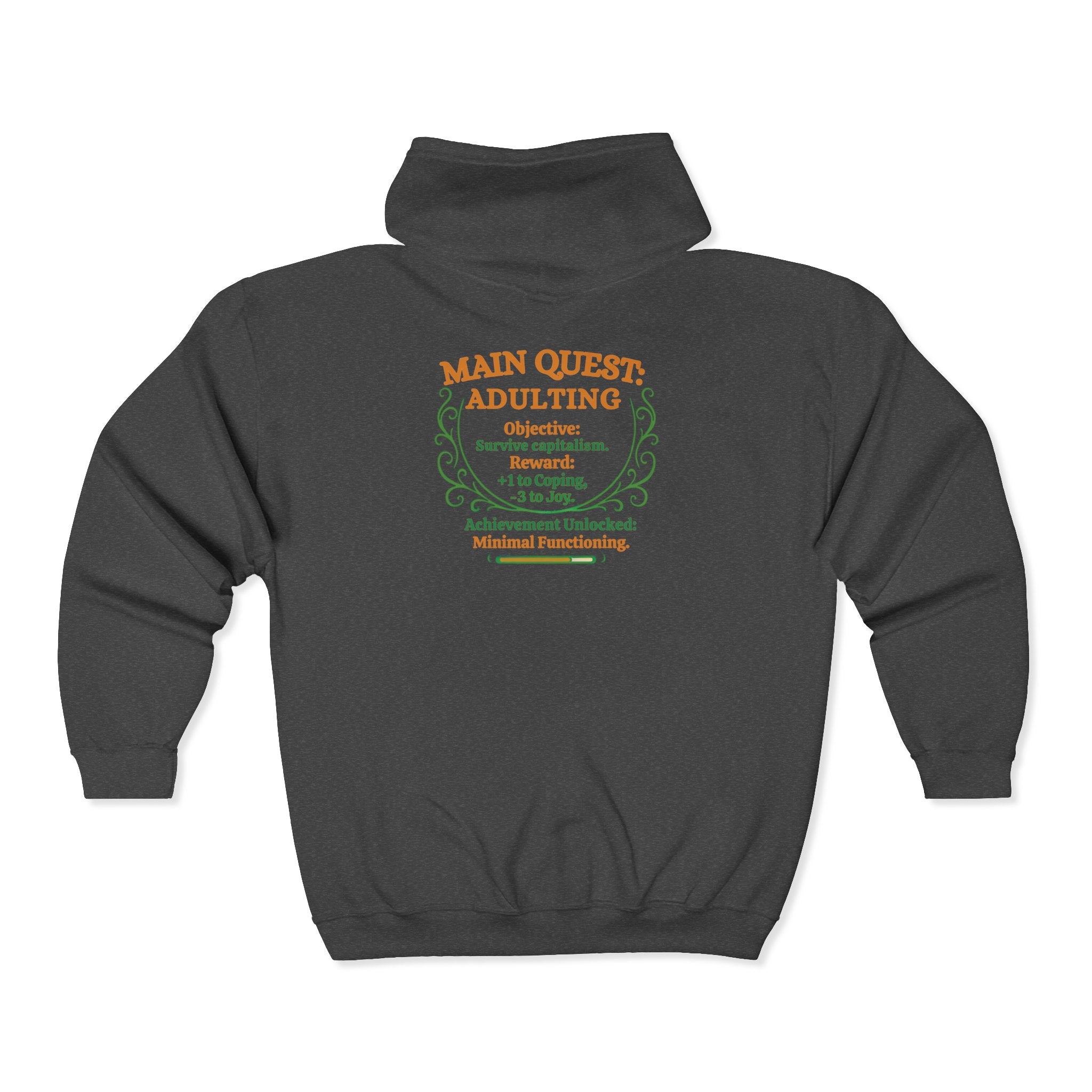 Adulting Quest Zip Hoodie – 'Main Quest: Adulting' Gamer RPG Humor Sweatshirt