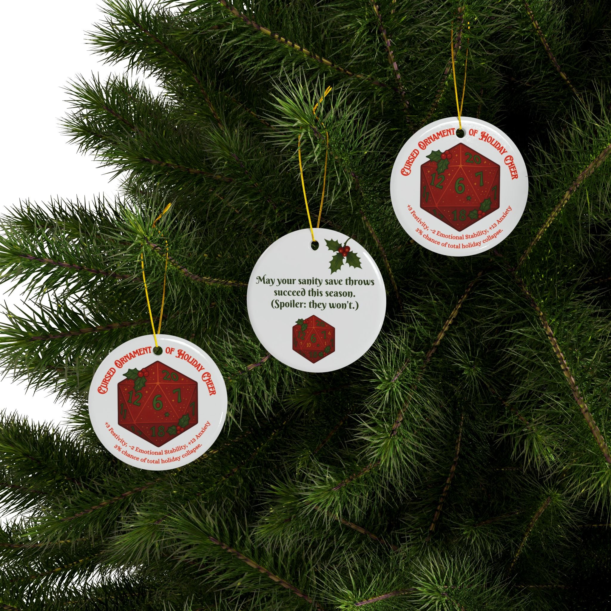 D&D Christmas Ornament – Cursed Ceramic Gamer Decor for Tree (Double-Sided)