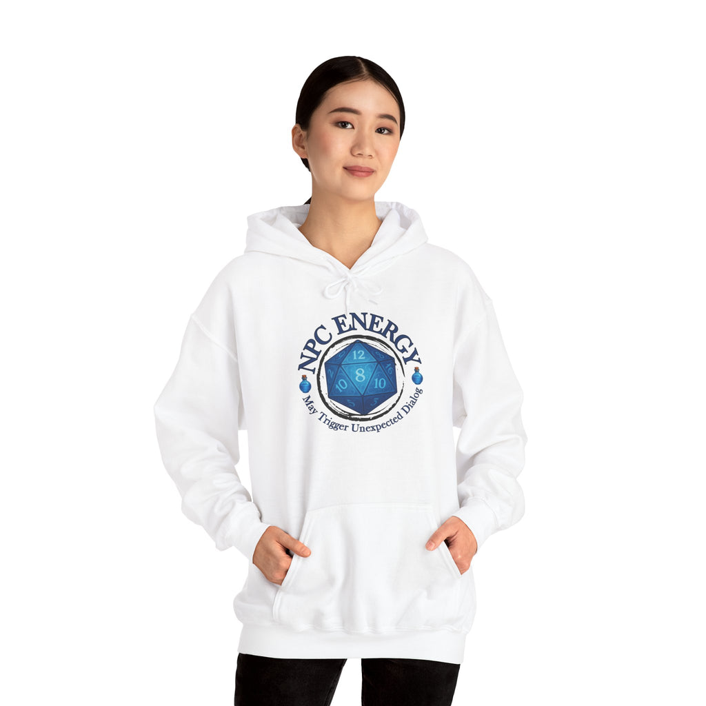 Funny Gamer Hoodie – NPC Energy Sweatshirt with D20 Dice & Dialogue Trigger Warning